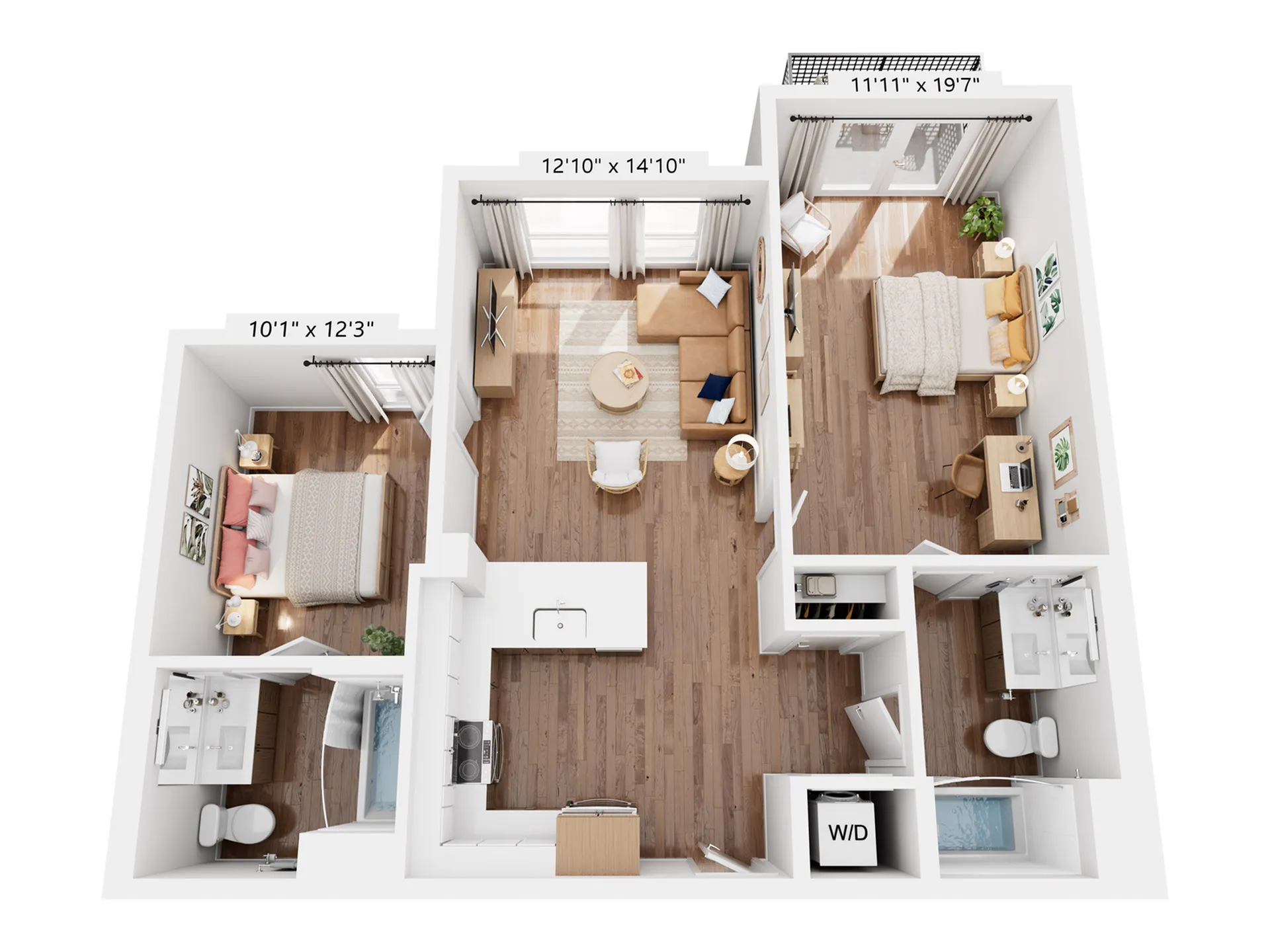 Modern floor plan featuring two spacious bedrooms, an open-concept living area, and a functional kitchen with breakfast bar. Includes two elegant bathrooms and a convenient in-unit washer and dryer. Experience stylish living with ample natural light and a cozy ambiance.