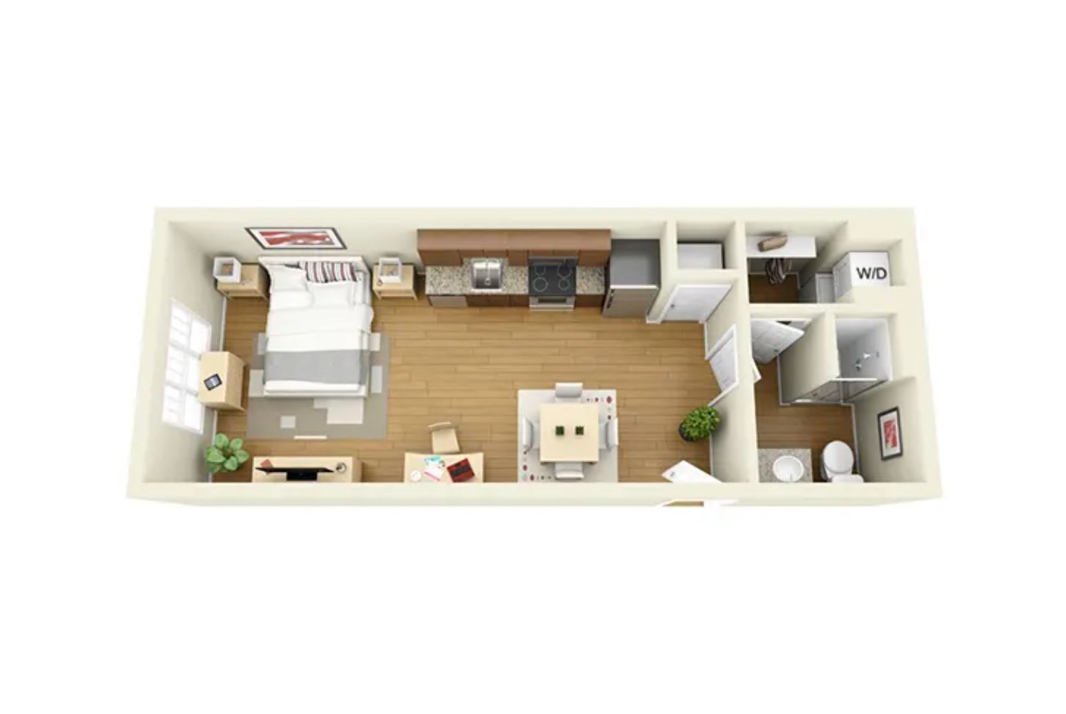 Modern studio apartment floor plan with a cozy bedroom area, stylish kitchen, open dining space, and a bathroom. Includes in-unit washer and dryer.