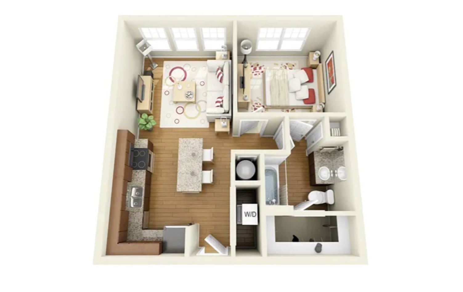 Modern 3D floor plan showcasing an open-concept living room and kitchen with a bar-style countertop, a cozy bedroom, and a well-appointed bathroom.