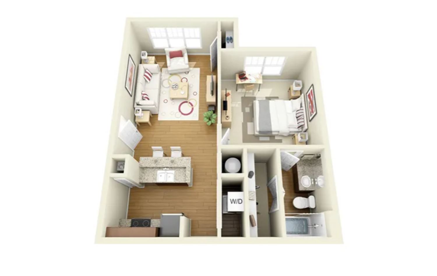 Contemporary 3D floor plan showcasing a cozy 1-bedroom apartment with an open living area, stylish kitchen, and modern bathroom.