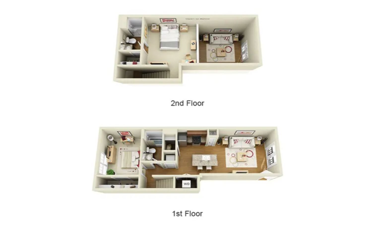 Modern two-story apartment floor plan featuring a spacious bedroom and cozy living area on the second floor, complemented by an open-concept kitchen, dining area, and living room with abundant natural light on the first floor.