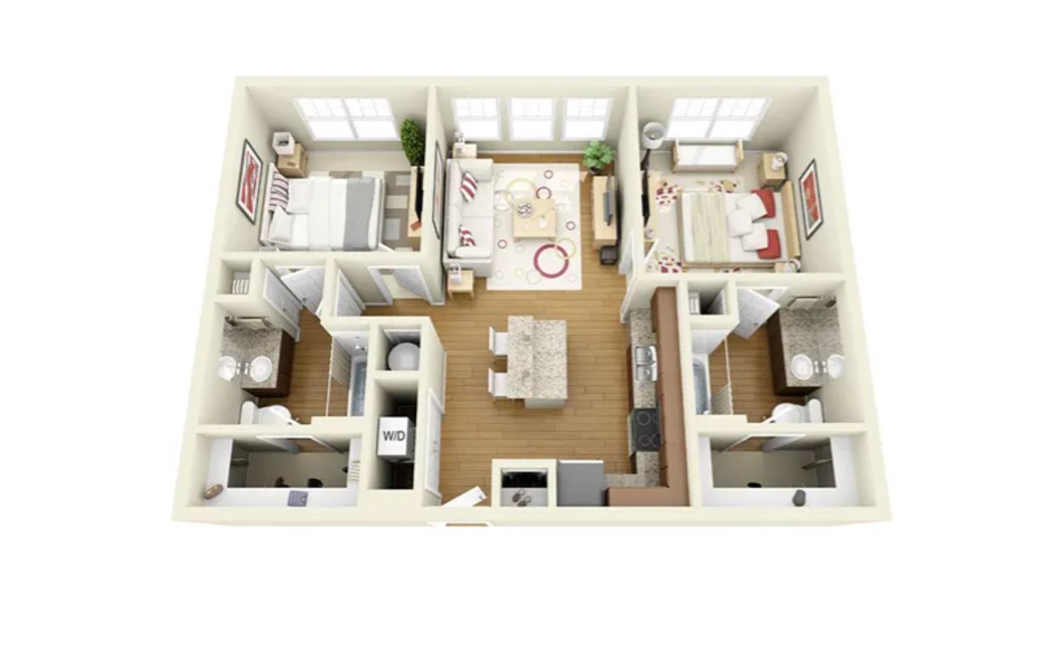 Elegant 3D apartment layout showcasing two cozy bedrooms, a modern open-plan living area, and a well-equipped kitchen with stylish finishes.