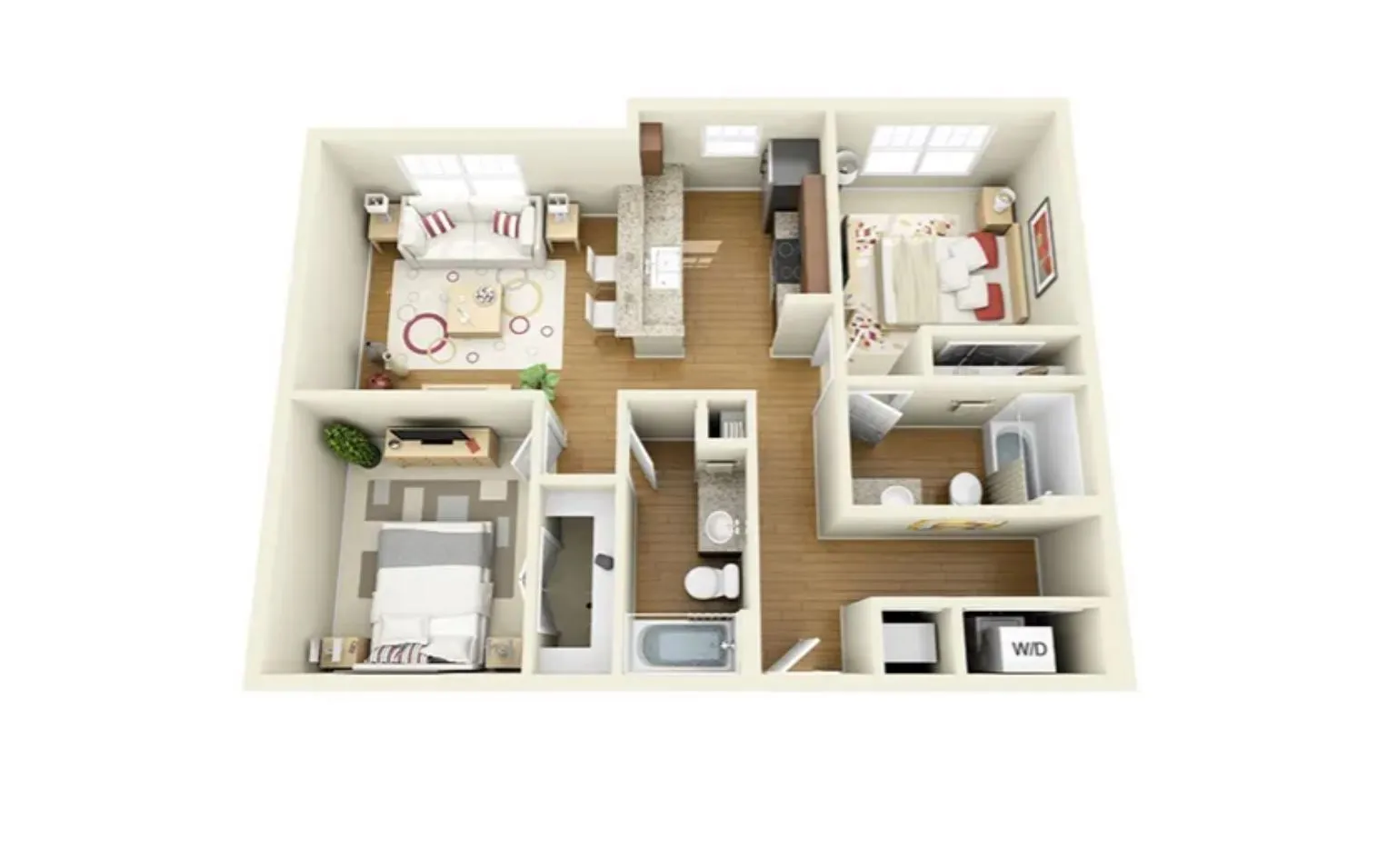 Elegant 3D floor plan showcasing 2 cozy bedrooms, modern kitchen with island, and inviting living space.