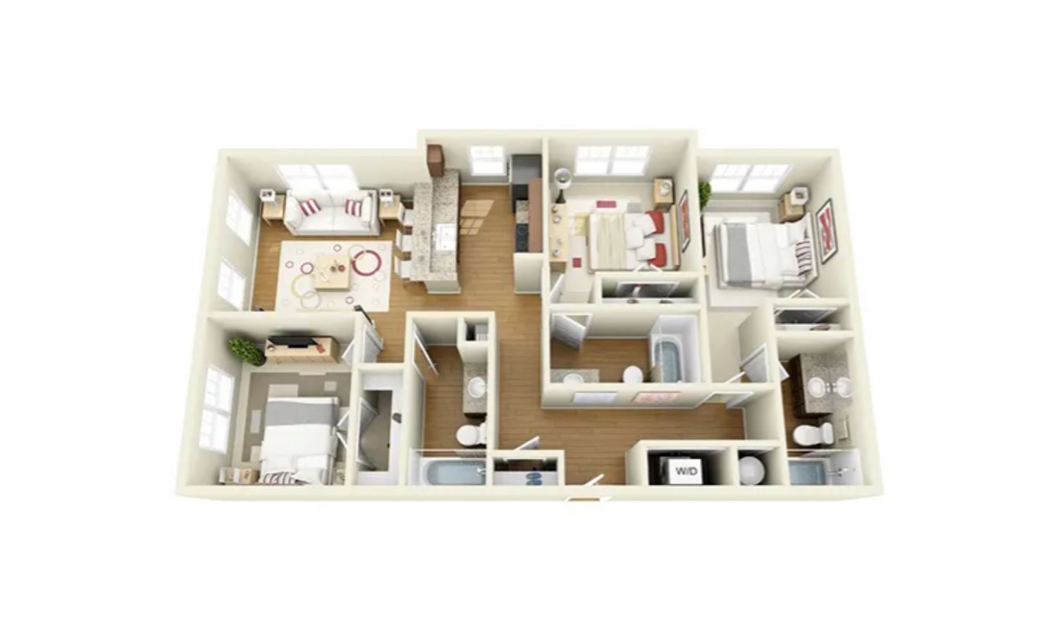 Inviting 3D apartment floor plan showcasing 3 bedrooms, an open-concept kitchen and living room, and two modern bathrooms, perfect for comfortable family living.