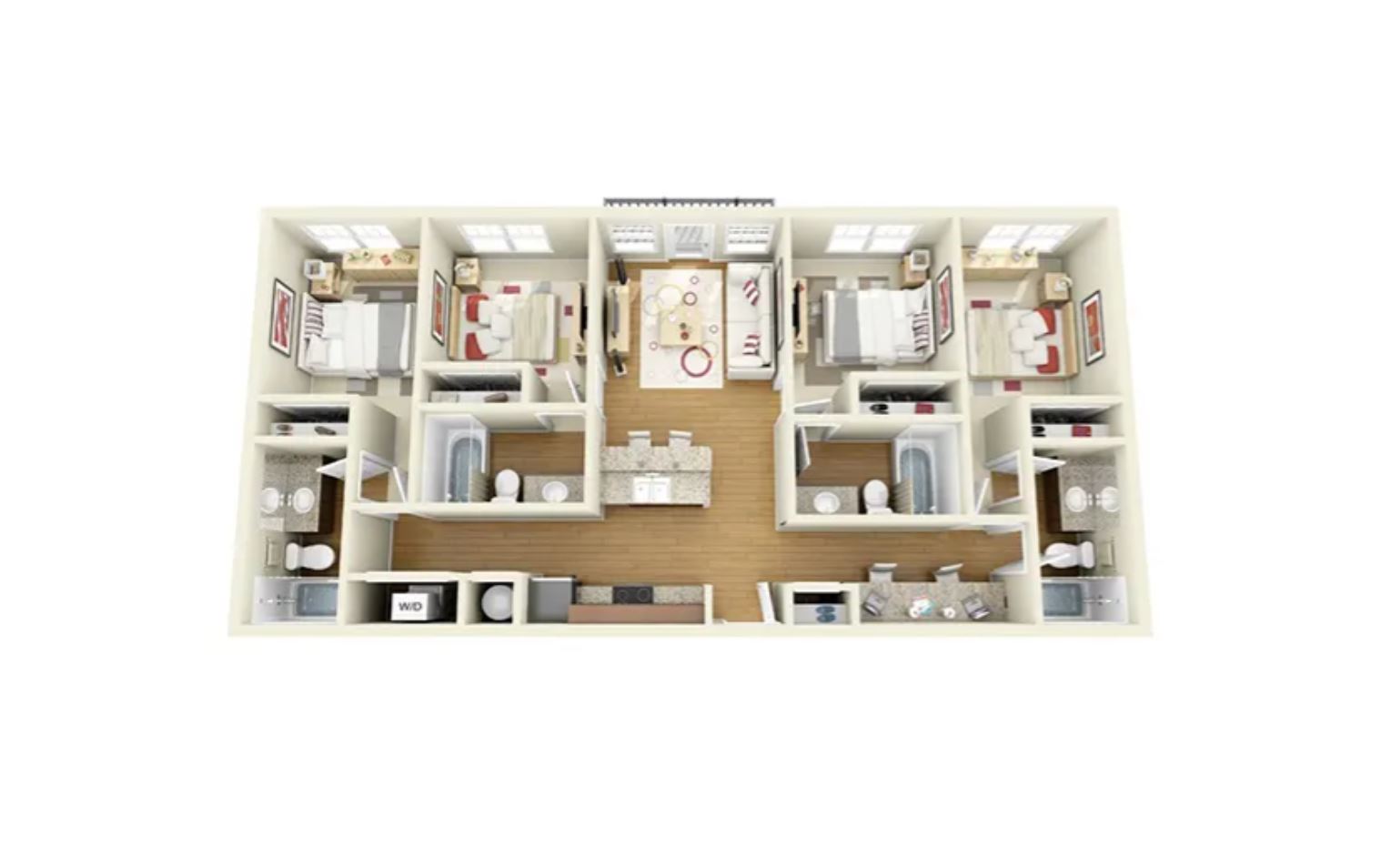 Elegant apartment floor plan with three bedrooms, open living area, modern kitchen, and two bathrooms.