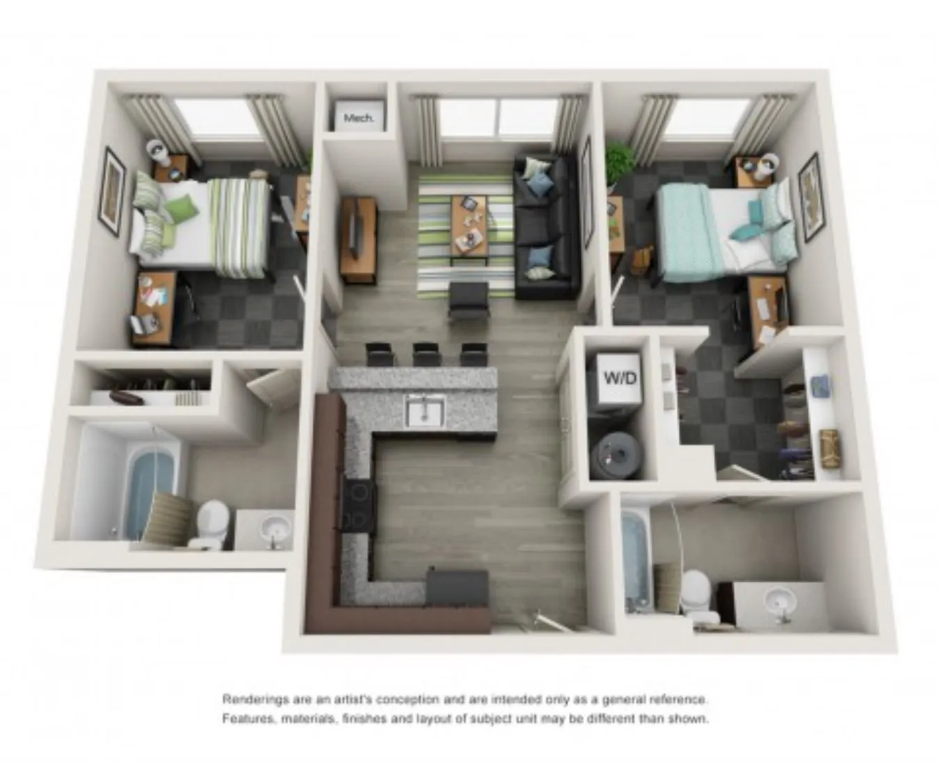 Inviting 3D floor plan highlighting two cozy bedrooms, a modern kitchen with island seating, and an open living area providing comfortable living space.