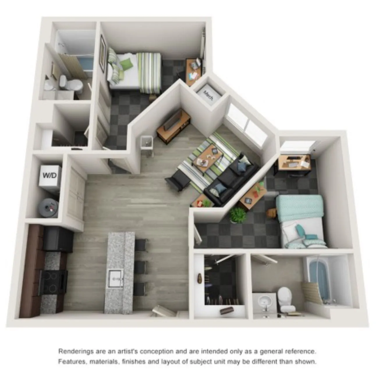 Modern 3D floor plan showcasing a chic 2-bedroom apartment with spacious living room, stylish kitchen, and cozy bathrooms.