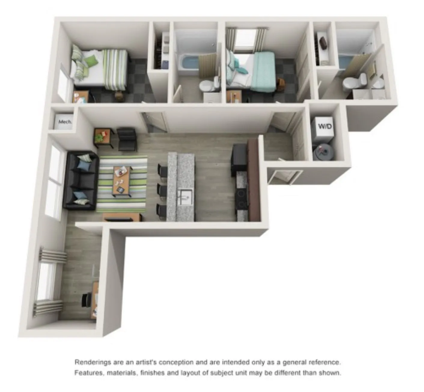 Modern L-shaped floor plan featuring two cozy bedrooms, two bathrooms, a spacious open-plan living area, and a stylish kitchen with a breakfast bar. Includes in-unit washer and dryer.