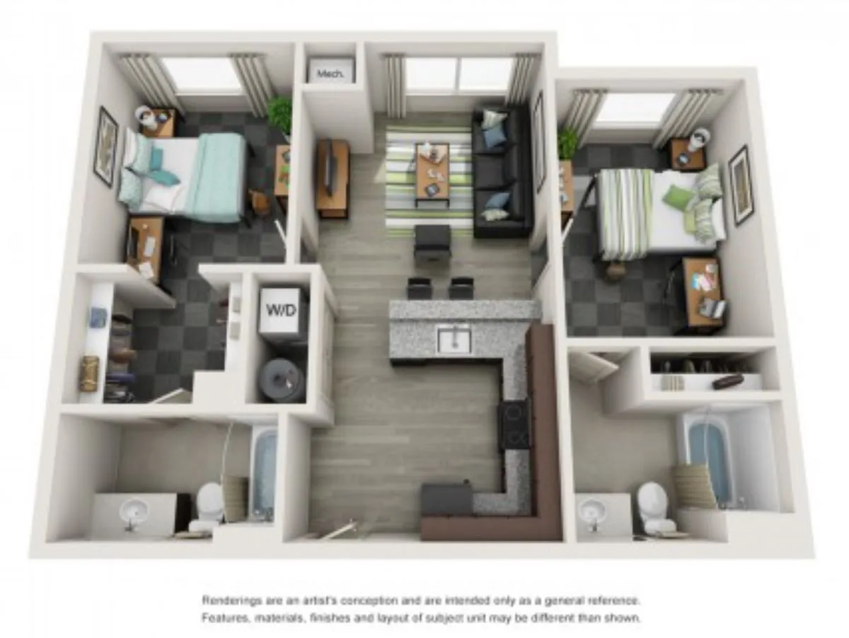 Contemporary 3D floor plan showcasing 2 spacious bedrooms, a modern kitchen, and open living area with abundant natural light.