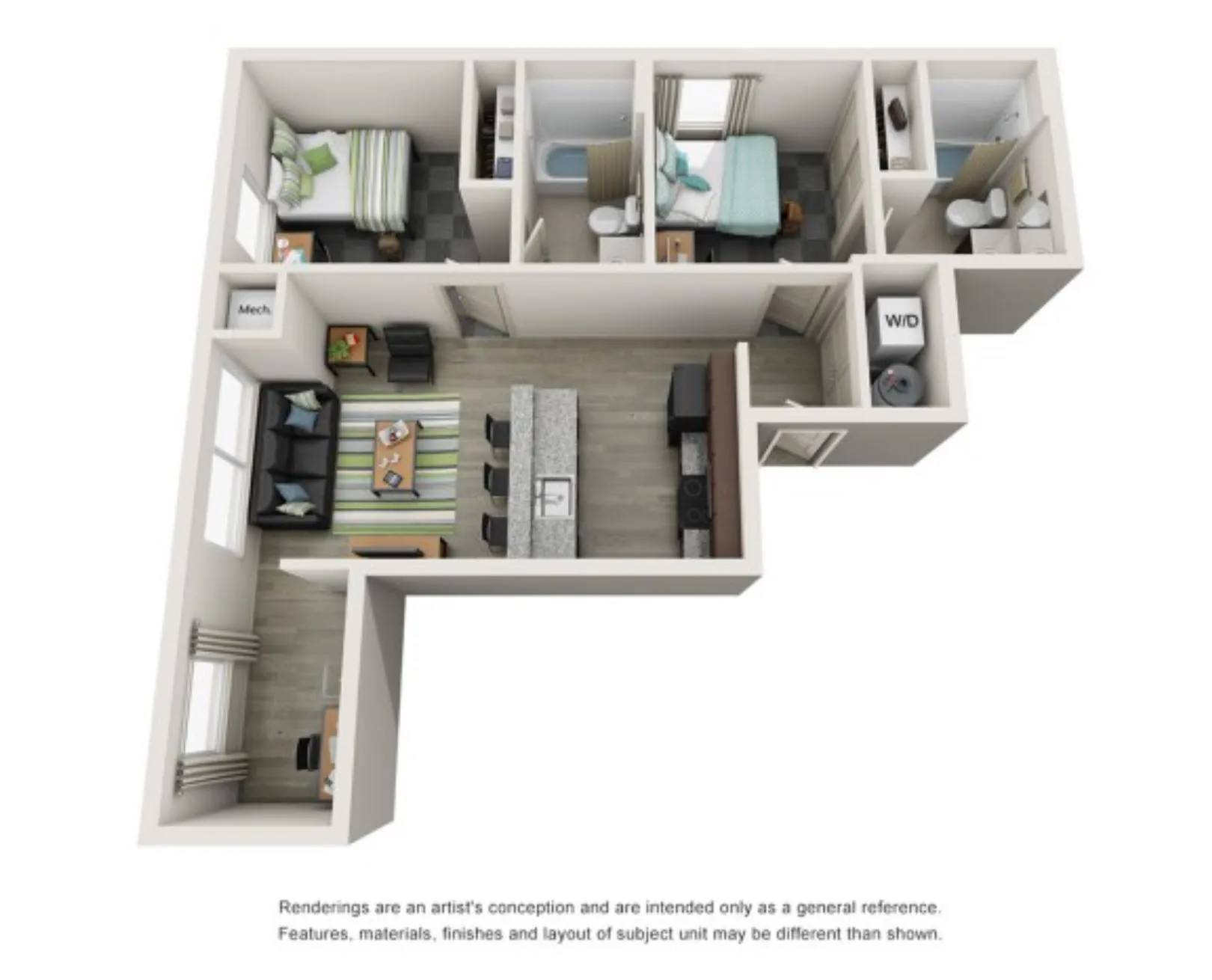 Modern 3D floor plan showcasing 2 bedrooms, an inviting open-concept living area with kitchen, and 2 bathrooms, complete with a convenient washer and dryer nook.