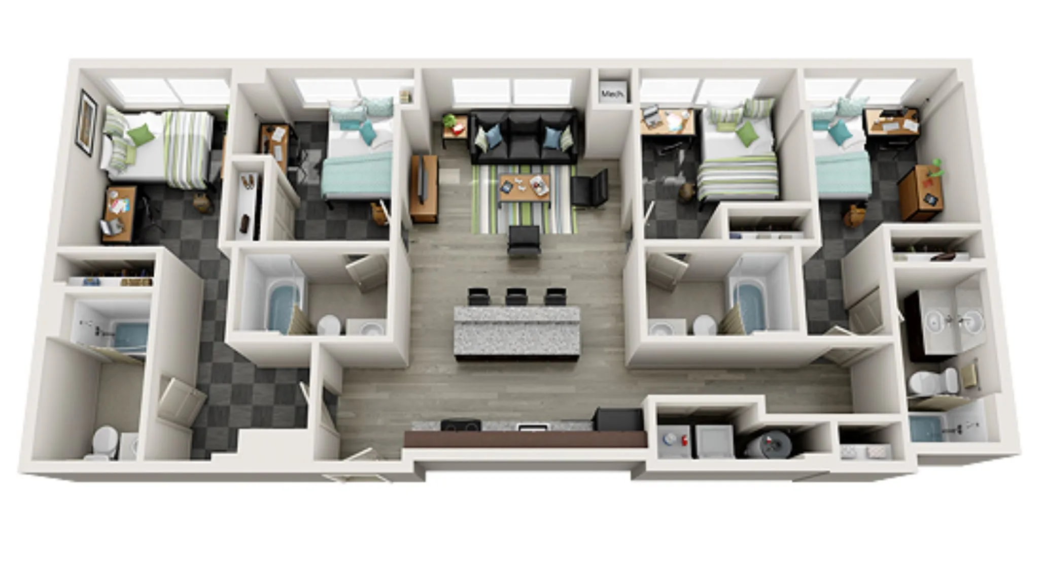 Modern 3D floor plan showcasing 3 bedrooms, open living area, and sleek kitchen with ample island seating.