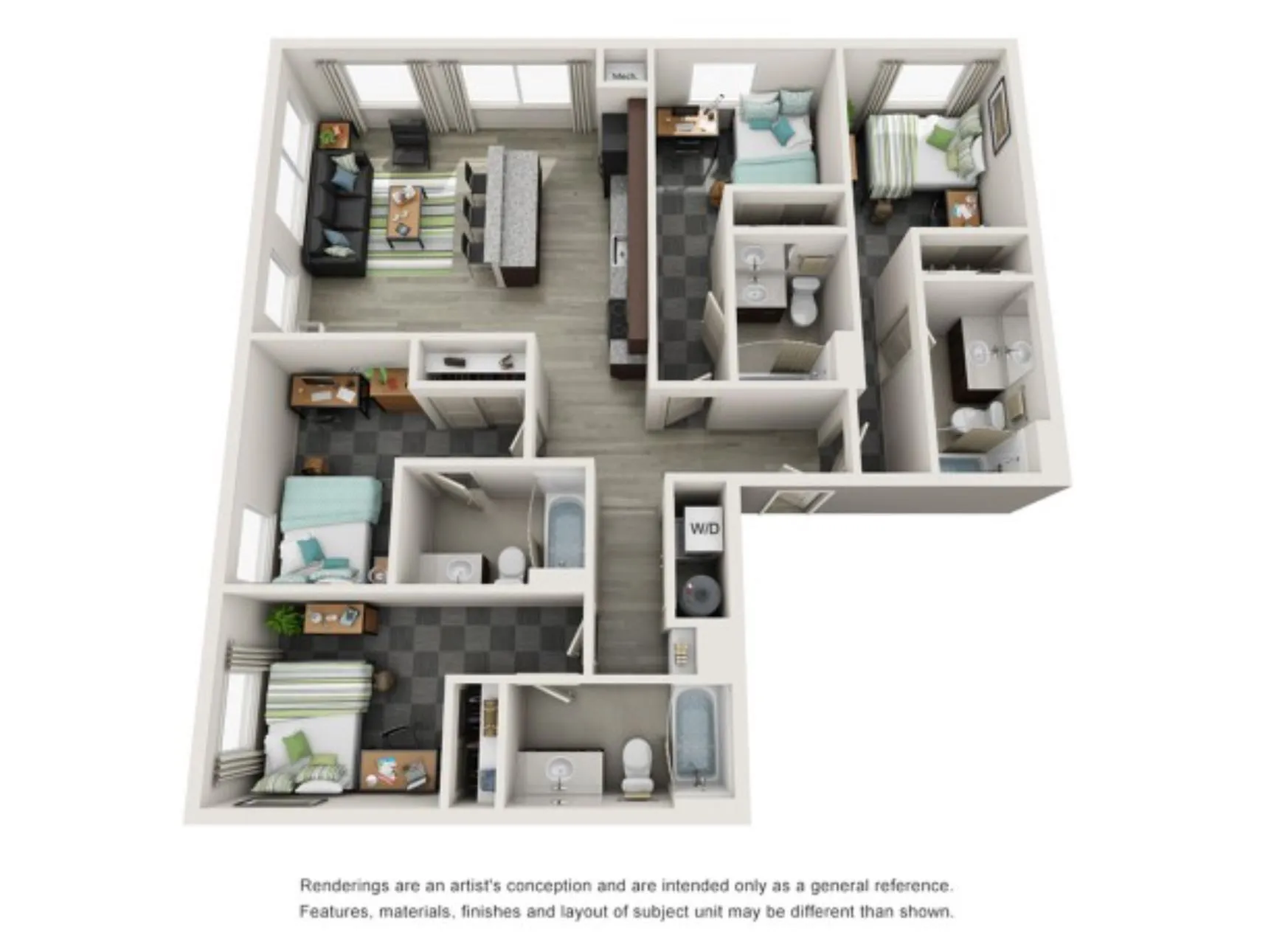 Modern 3D floor plan showcasing three cozy bedrooms, two elegant bathrooms, a sleek open-concept kitchen, and a welcoming living space.