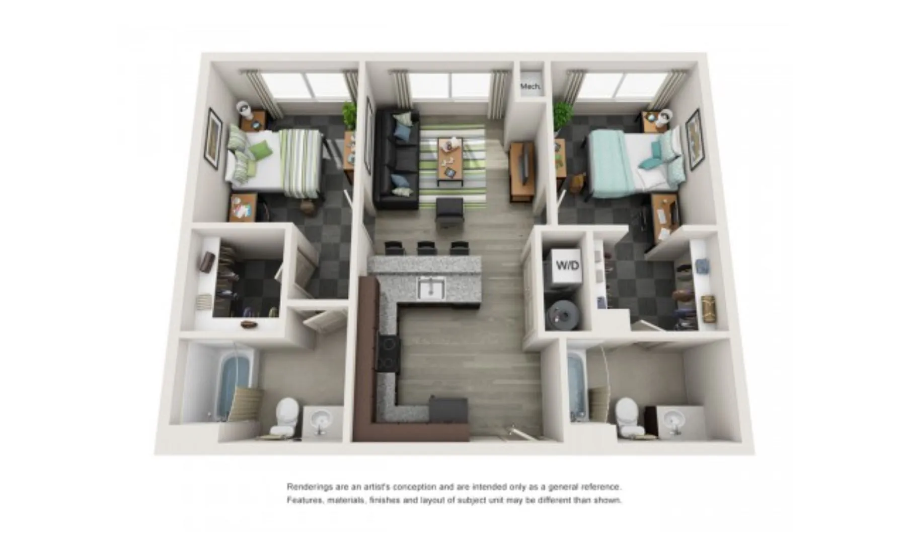 Modern 3D floor plan showcasing 2 bedrooms with stylish interiors, an expansive open-concept living and dining area, sleek kitchen, and convenient bathrooms.