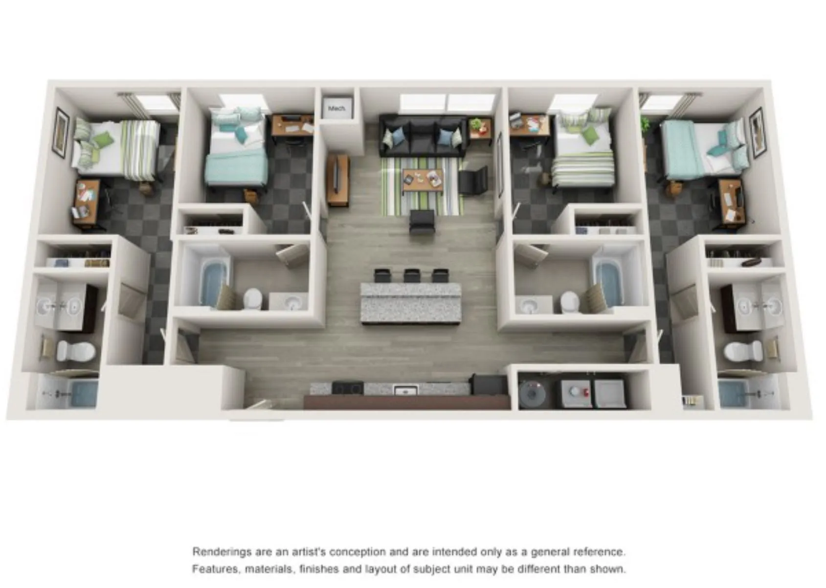 Modern 3D floor plan featuring 3 bedrooms, an open-plan living area, and a sleek kitchen with an island, showcasing spacious and functional design.