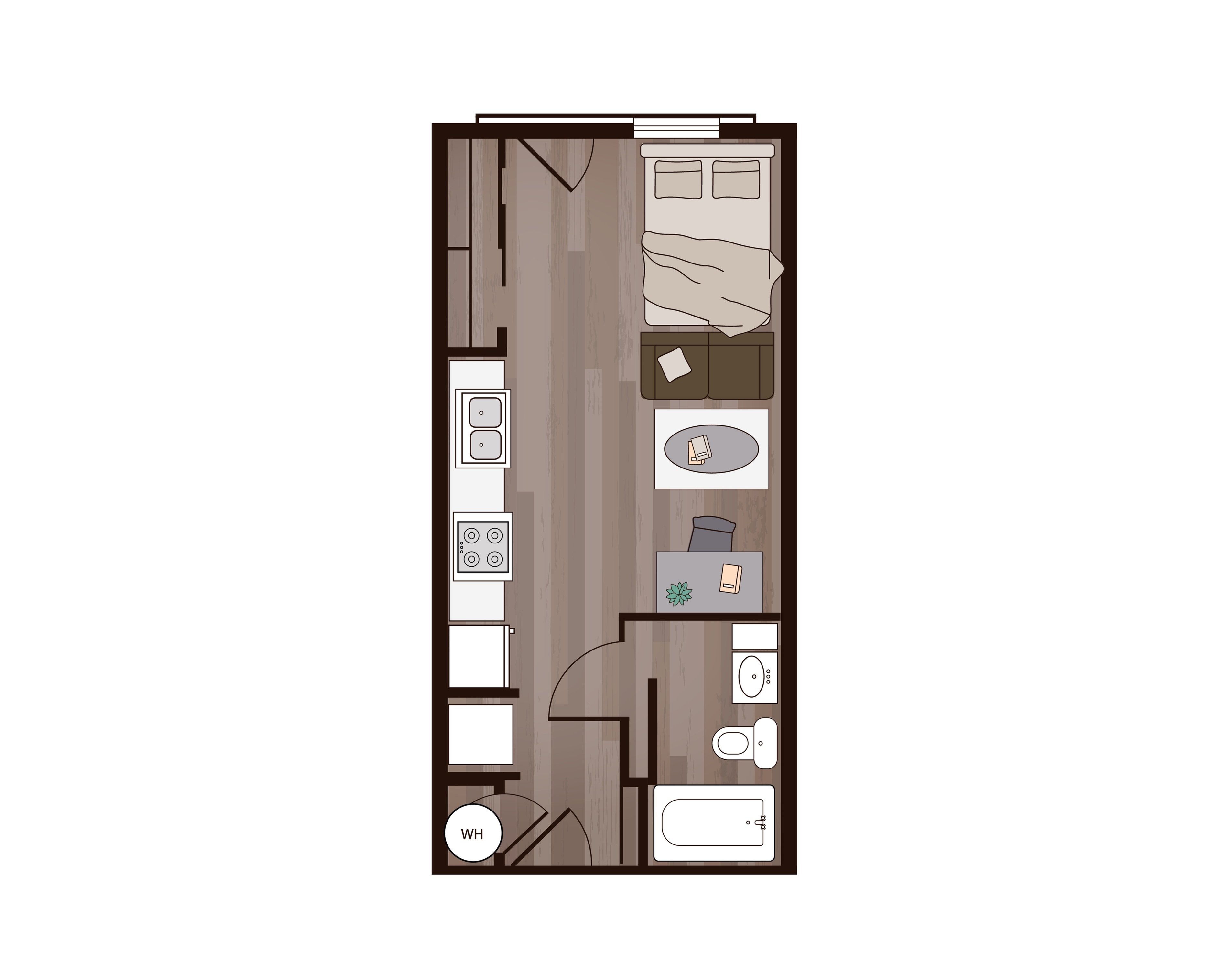 Chic studio apartment floor plan with open layout, cozy bedroom area, modern kitchen, and sleek bathroom.