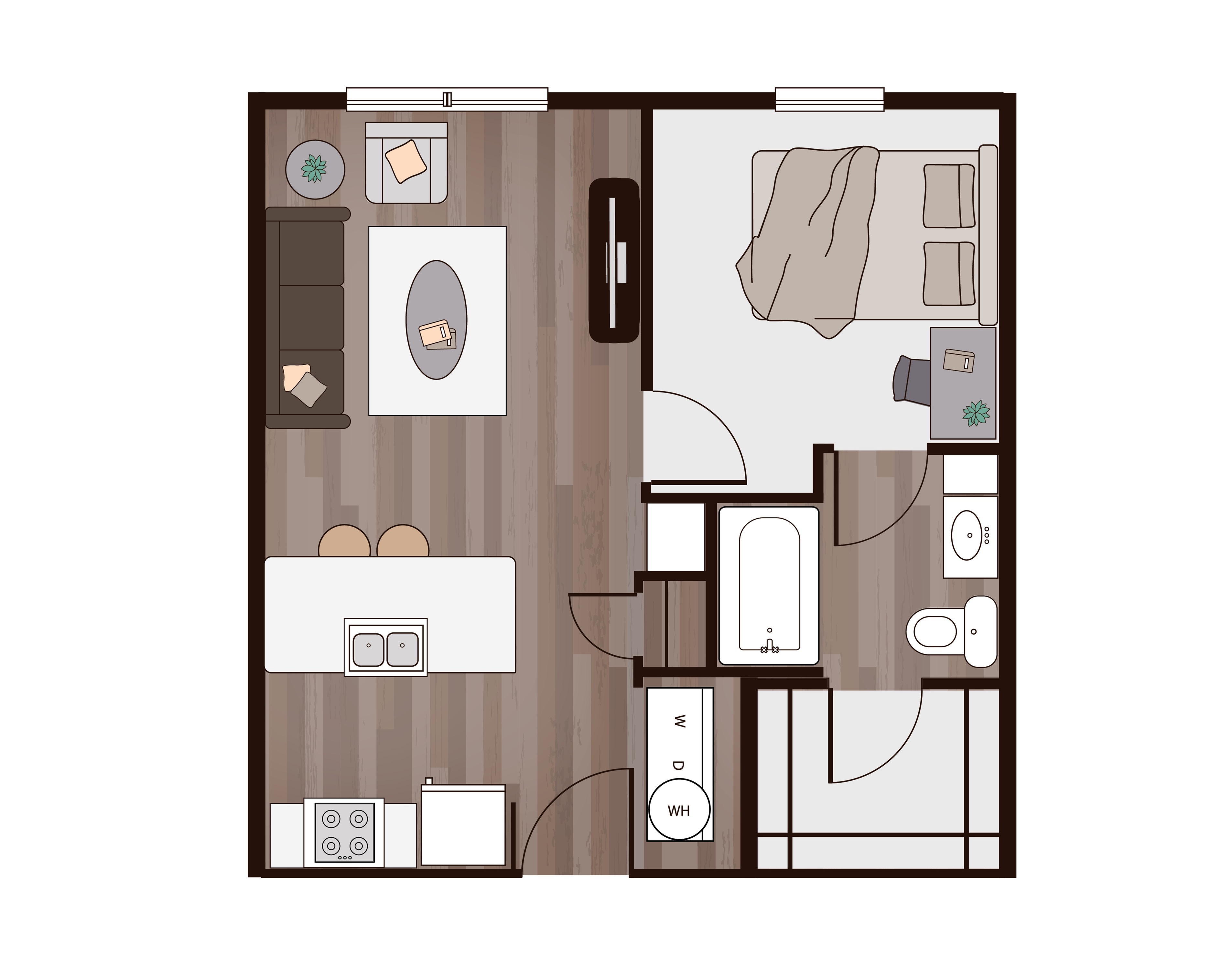 Modern 1-bedroom luxury apartment floor plan with open-concept living area, stylish kitchen, and elegant bathroom design.