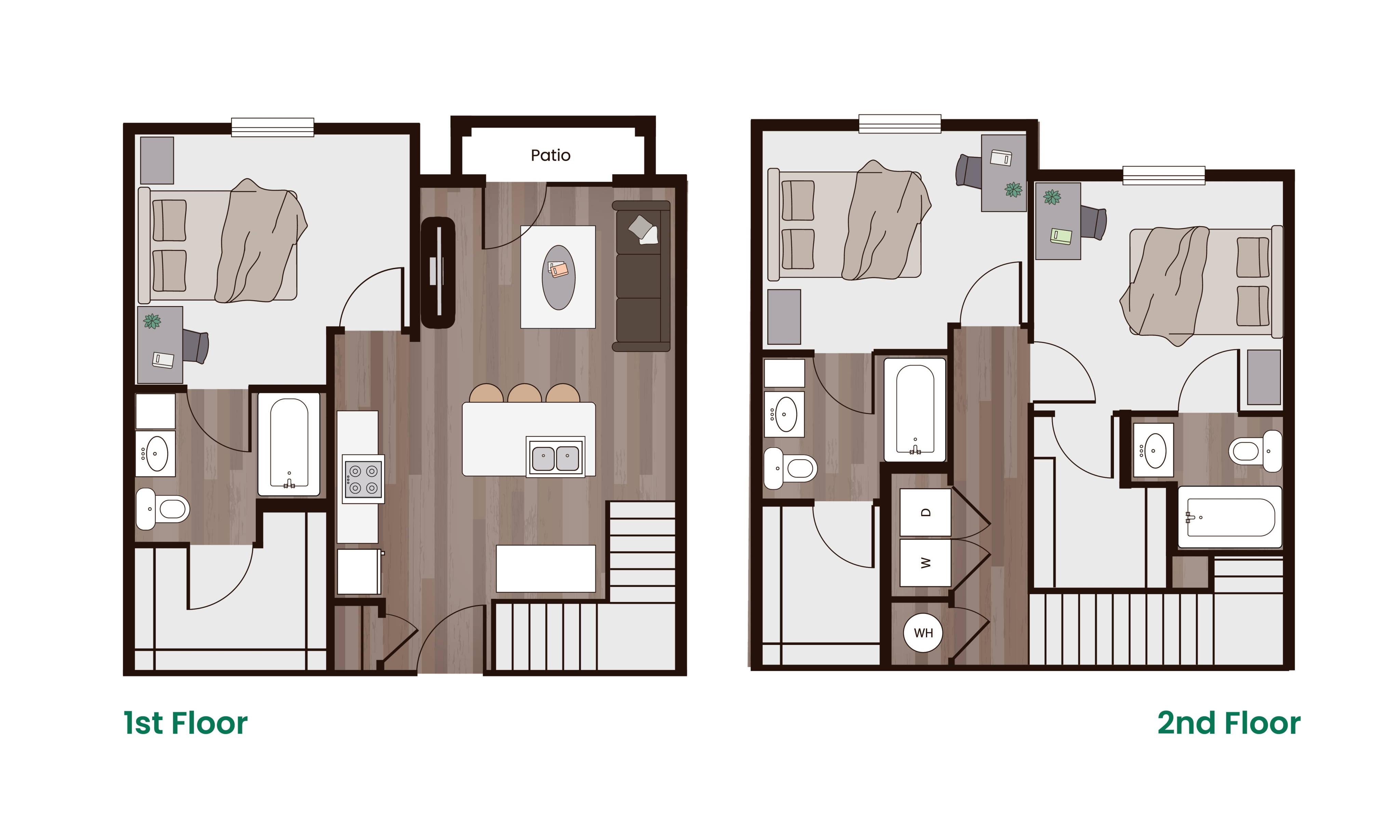 Chic townhouse floor plan with two levels, featuring three cozy bedrooms, spacious open-concept living room, modern kitchen with island, private patio, and convenient laundry area.