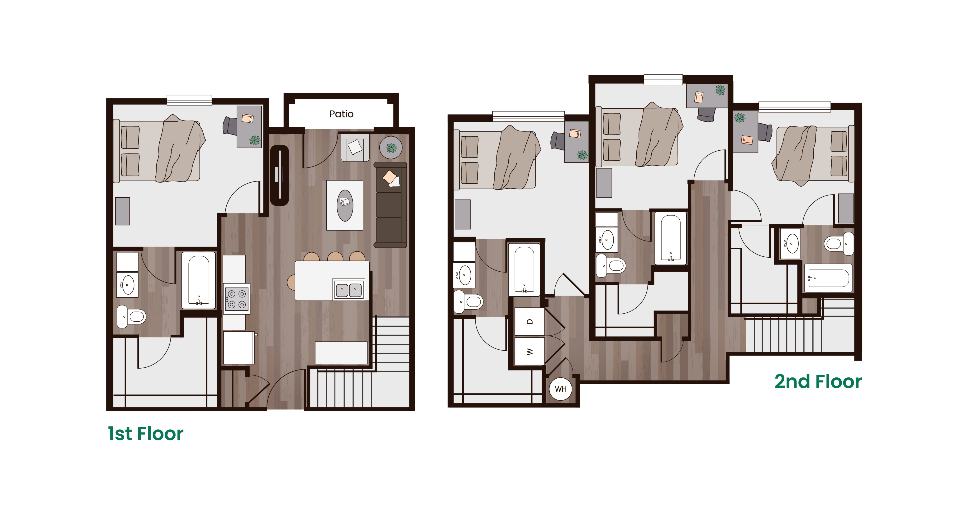 Contemporary two-level floor plan showcasing 3 bedrooms, open living area with patio, and modern kitchen. Ideal for comfortable urban living.