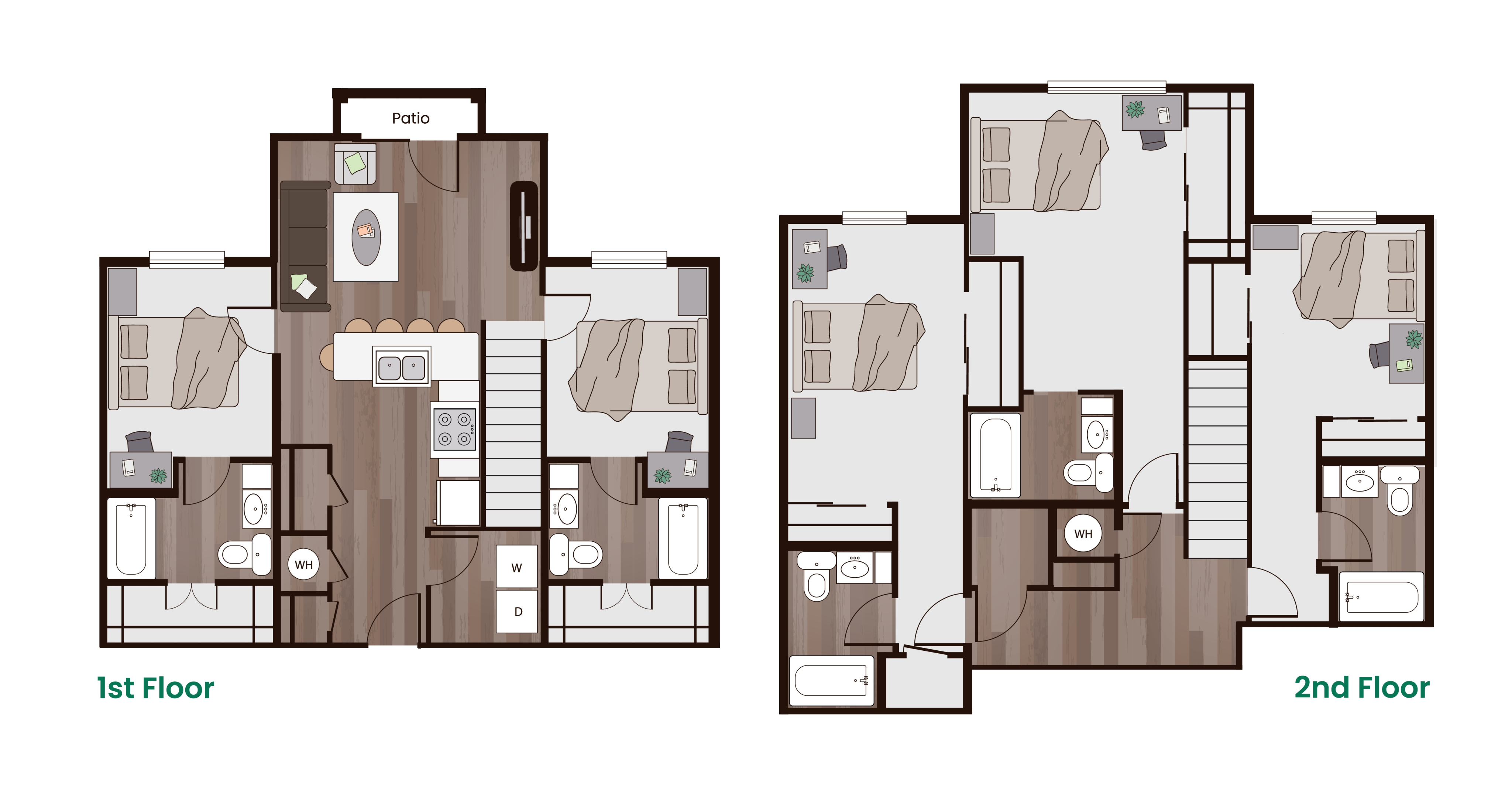 Modern two-story floor plan featuring three spacious bedrooms, open living area, and private patio.