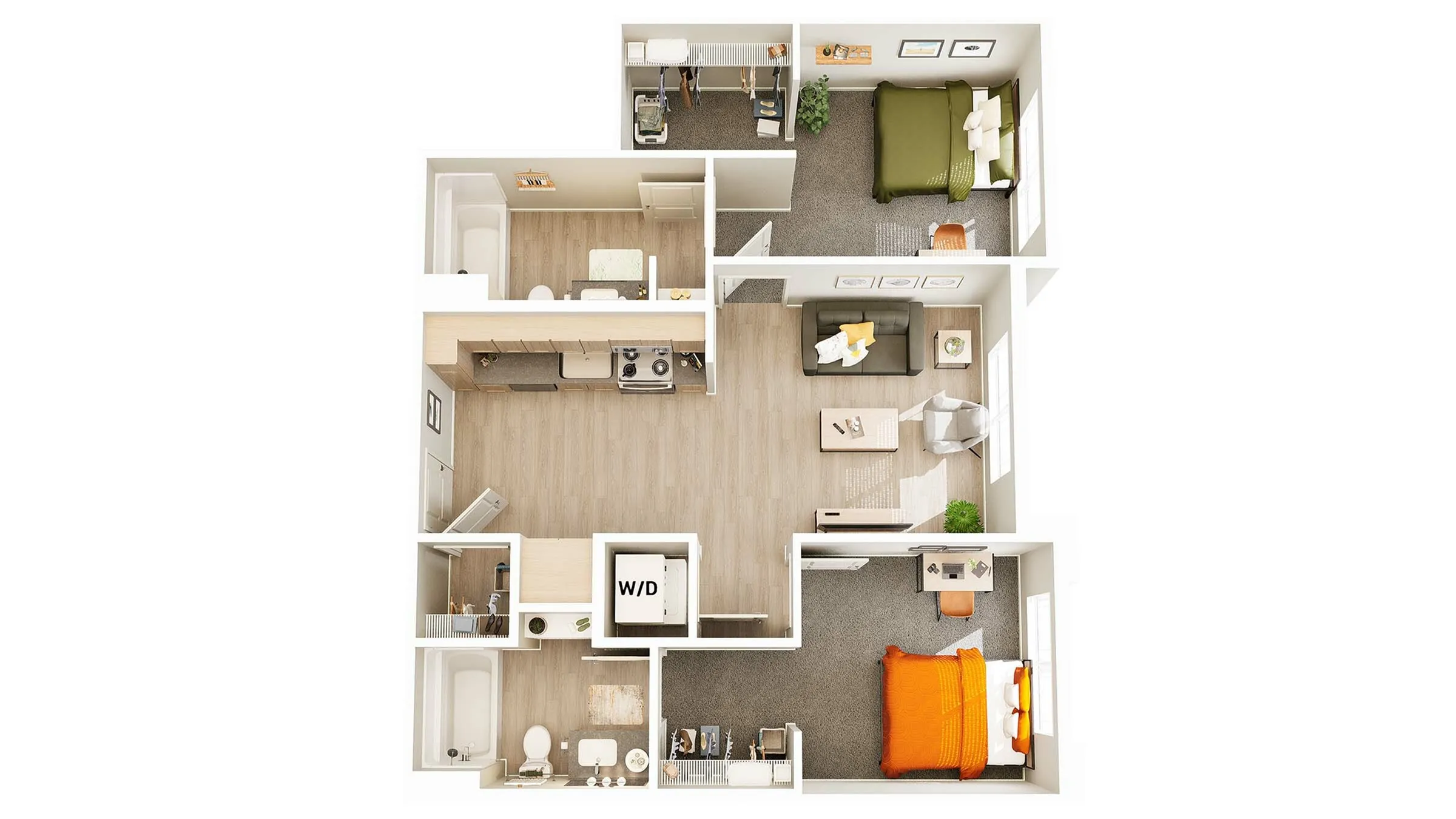 Contemporary 2-bedroom apartment floor plan featuring an open-concept living area, modern kitchen, and cozy bedrooms.