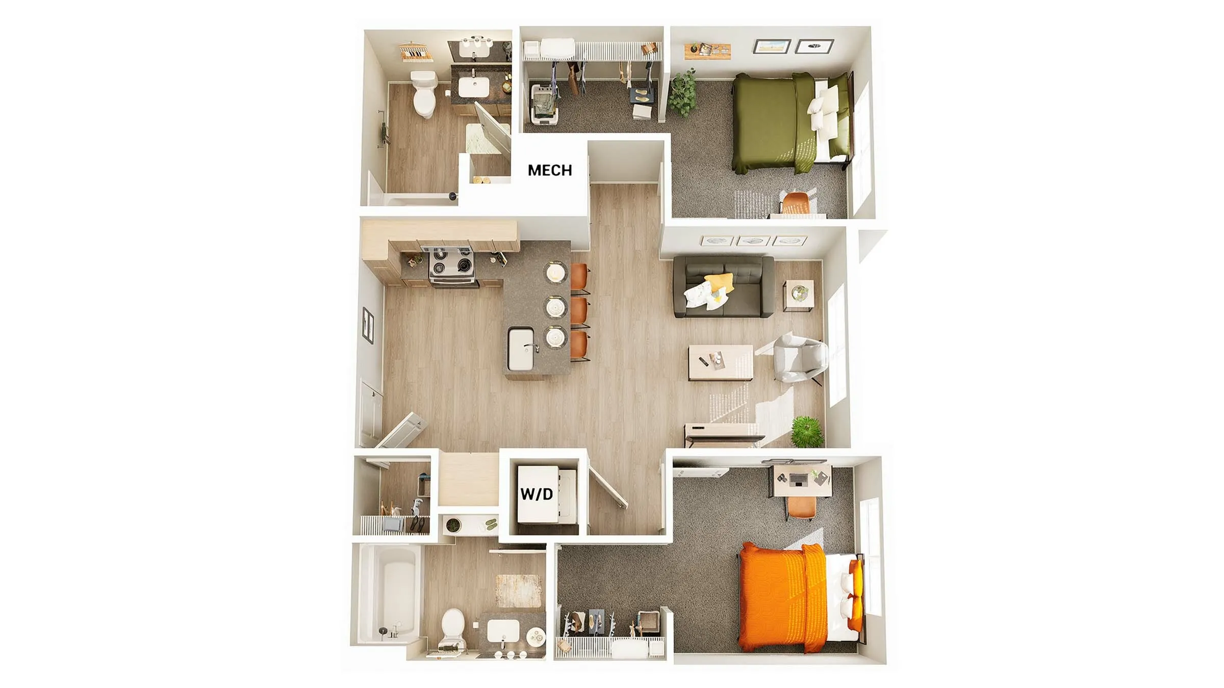 Modern 3D floor plan featuring 2 bedrooms, a cozy living area, and a stylish open kitchen with breakfast bar seating.