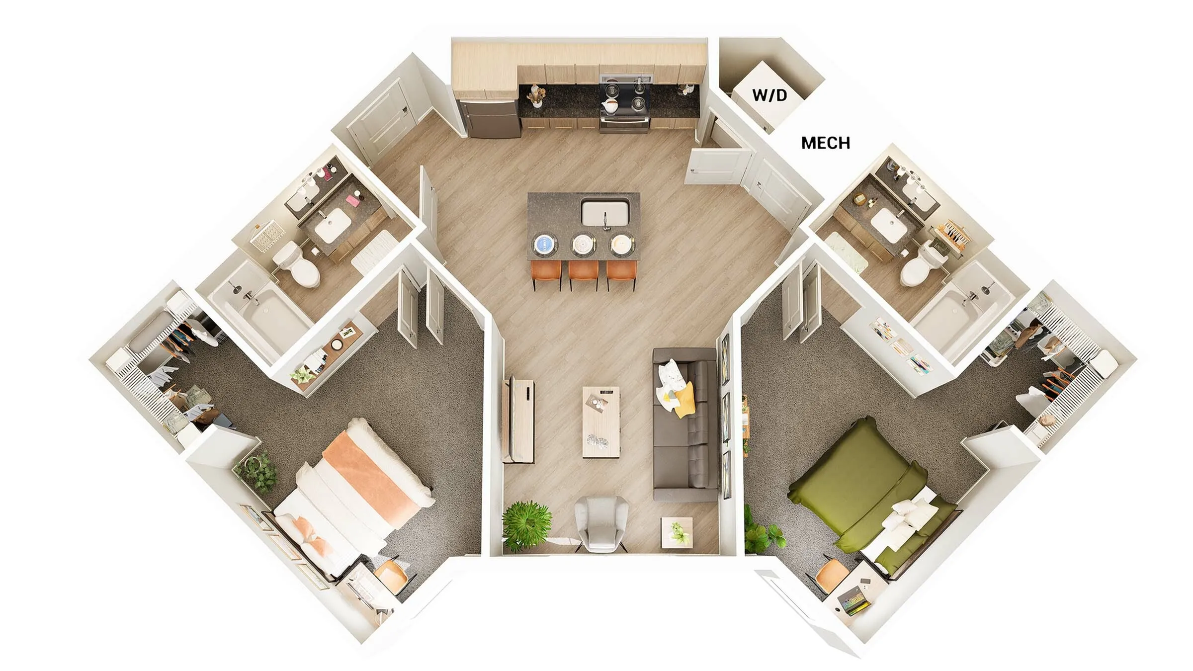 Charming 3D apartment floor plan featuring two bedrooms, two bathrooms, an open kitchen with a central island, and a cozy living space, complete with in-unit laundry.