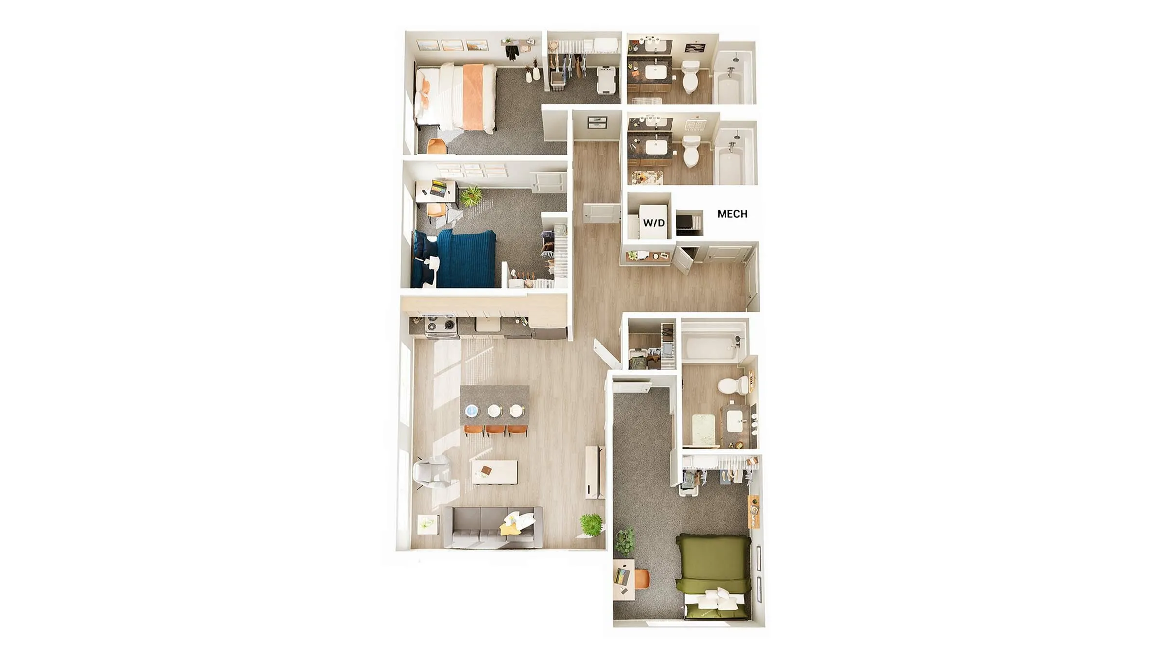 Beautiful open floor plan apartment featuring two cozy bedrooms, two modern bathrooms, a spacious kitchen, and a stylish living area with dining space.