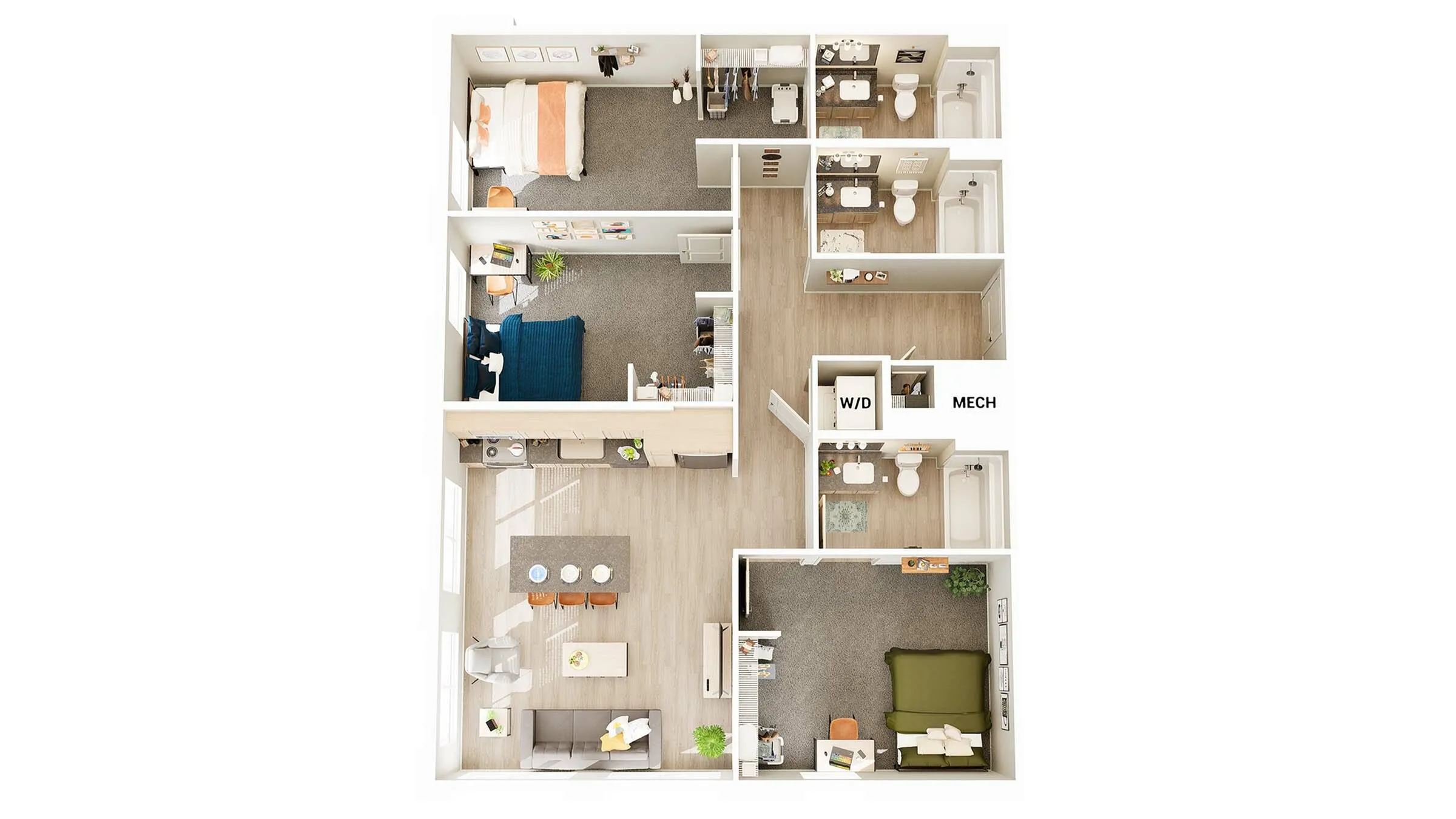 Modern 3D floor plan showcasing 2 bedrooms, a spacious living area, and a stylish kitchen with a breakfast bar. Includes two bathrooms, a cozy study nook, and in-unit laundry.
