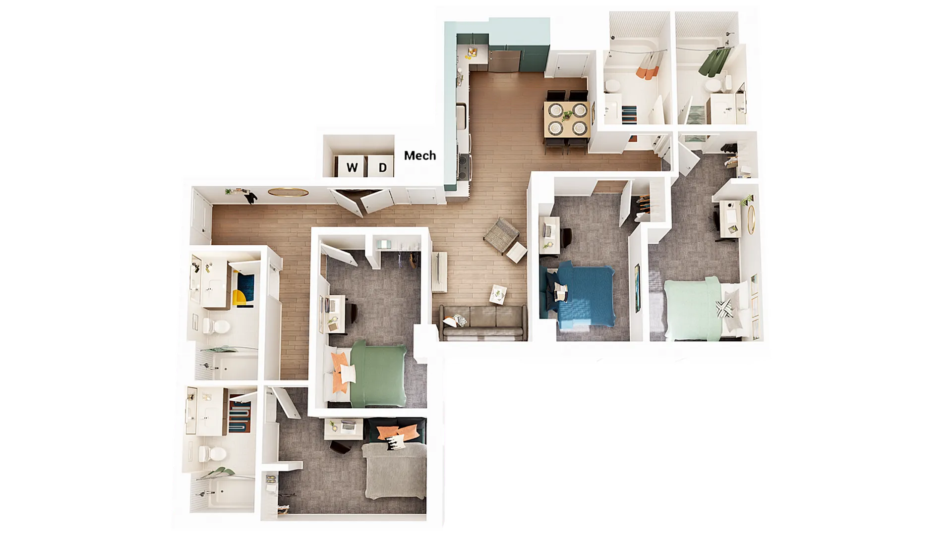 Rendering of a four bedroom floor plan at our student apartments near the University of Maryland, featuring 3D furniture.