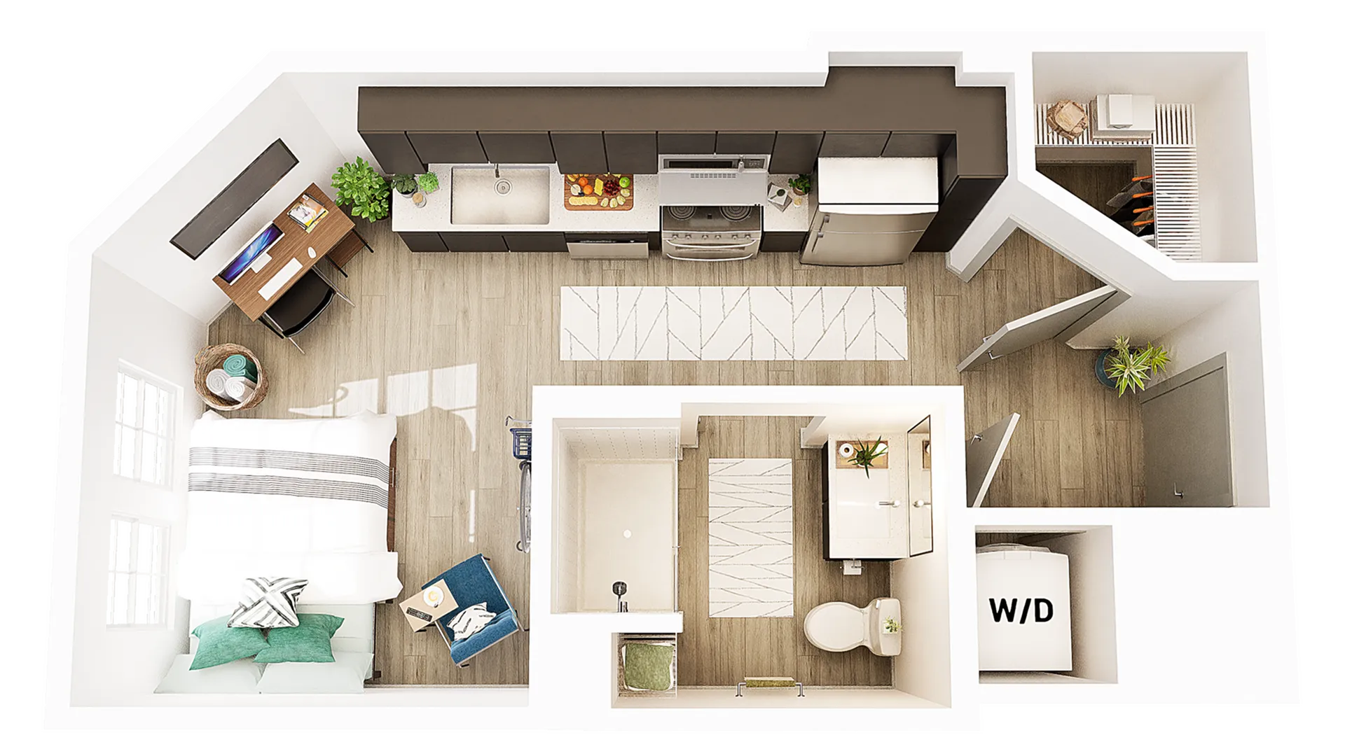 Charming studio apartment floor plan featuring a cozy living area, modern kitchen, stylish bathroom, and smart workspace.