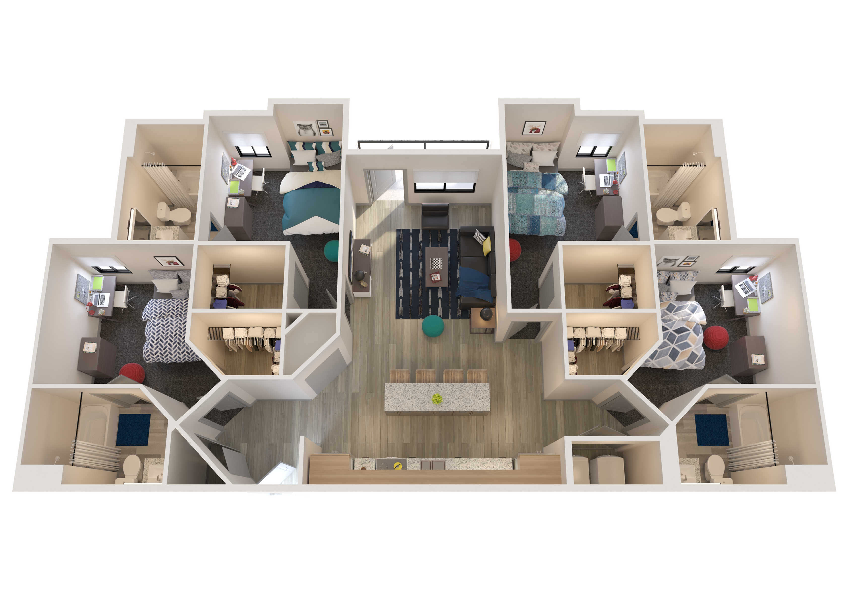 Modern 3D floor plan featuring 3 spacious bedrooms, cozy living room, and sleek open kitchen design.