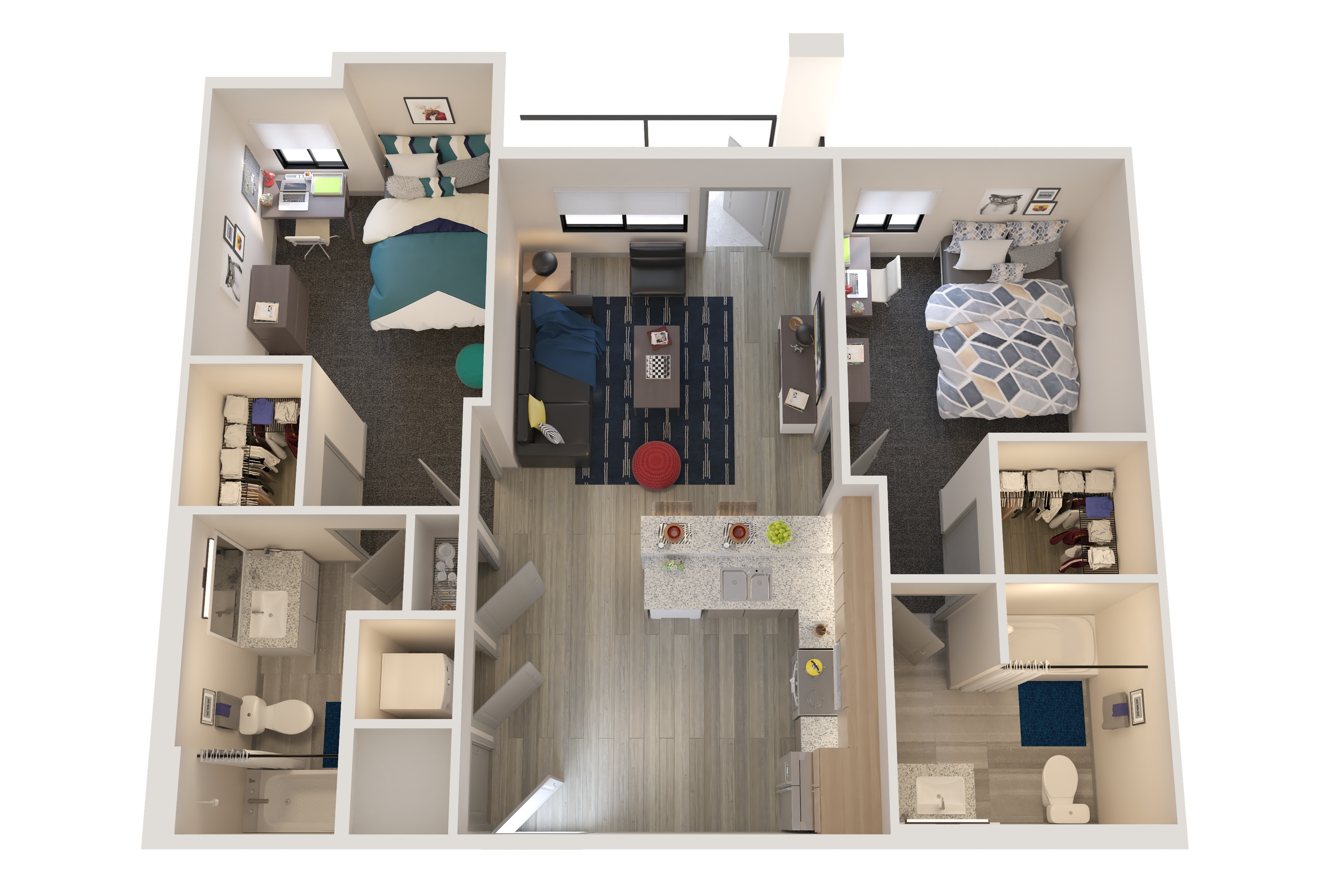 Modern 3D floor plan showcasing two bedrooms, an open living area, and a sleek kitchen, perfect for contemporary living.