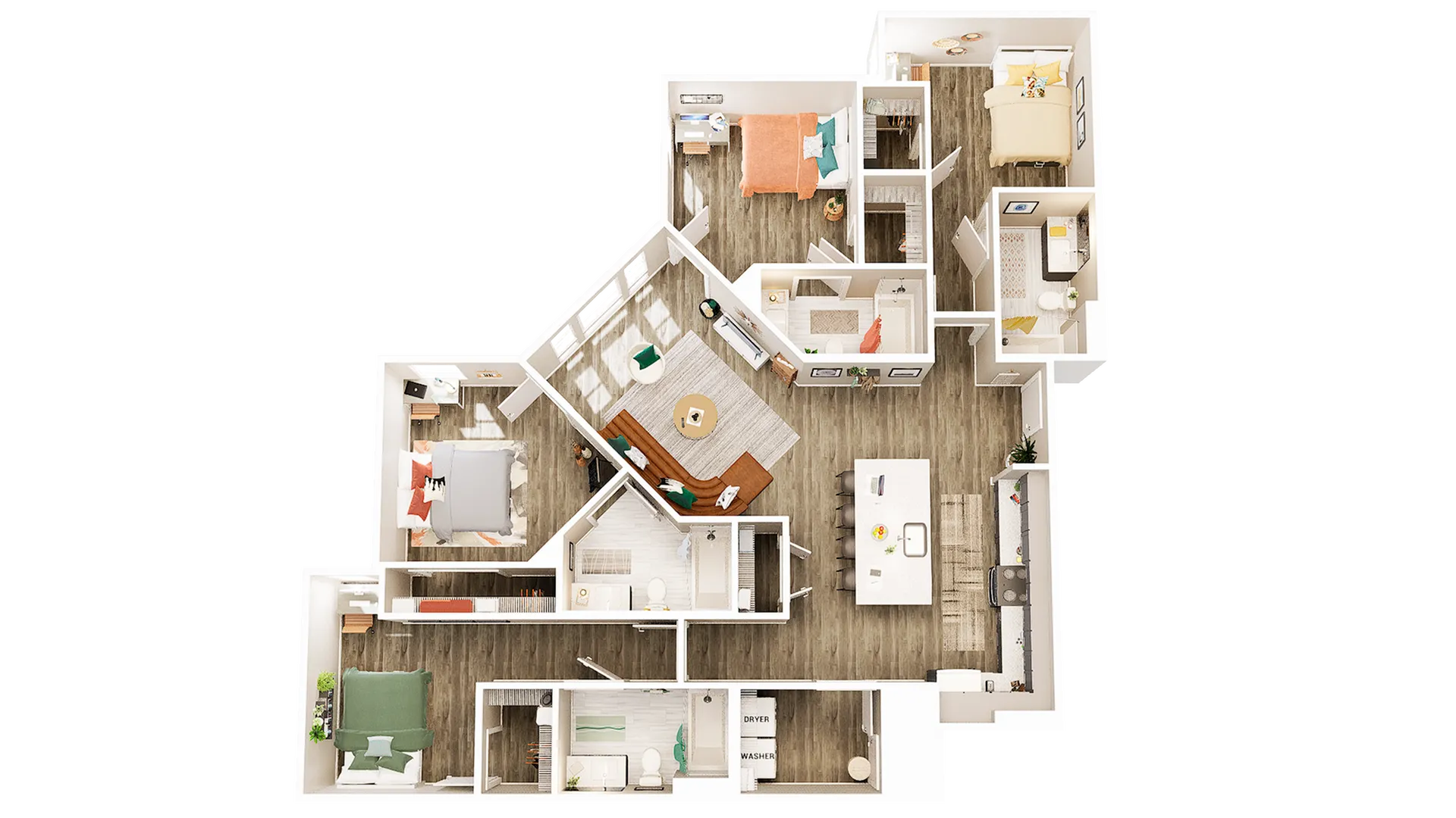 Contemporary floor plan showcasing 3 cozy bedrooms, inviting living room, elegant kitchen, and modern bathroom layout.