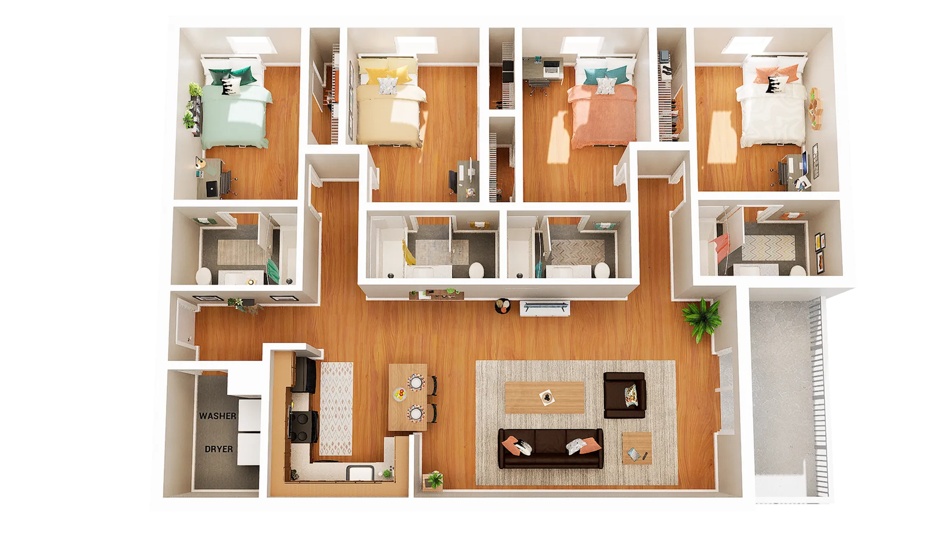 Inviting 3D floor plan showcasing 4 bedrooms, a cozy living area, and a modern kitchen with washer-dryer space, perfect for spacious living.