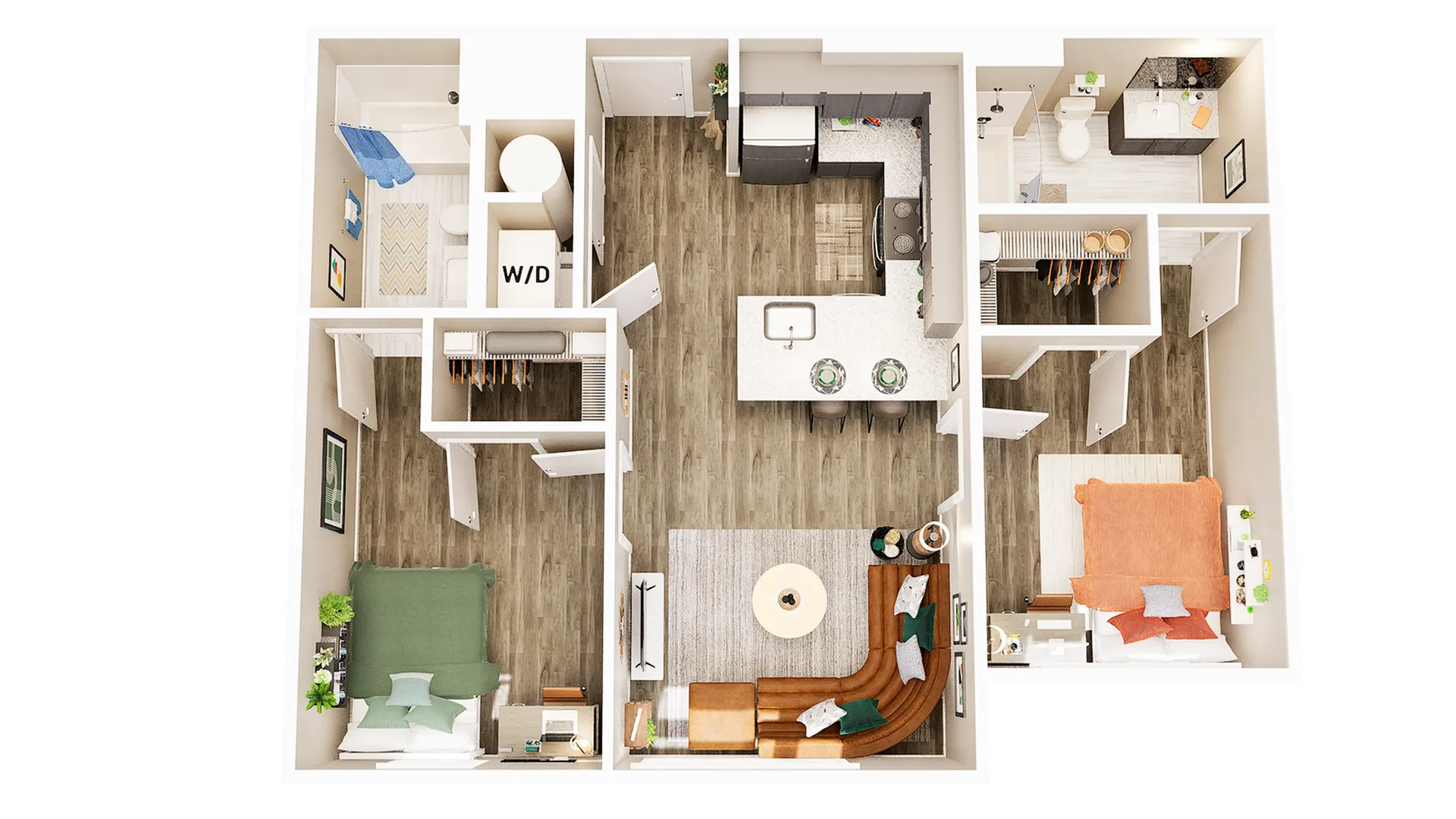 Elegant floor plan highlighting 2 bedrooms, a sleek kitchen with breakfast bar, and an inviting open-concept living area.