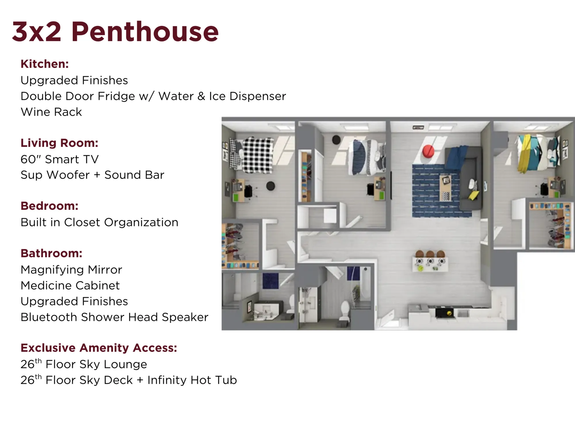 Luxurious 3x2 penthouse floor plan featuring upgraded kitchen with double door fridge and wine rack, elegant living room with 60&rdquo; Smart TV and sound bar, bedrooms with built-in closet organization, stylish bathroom amenities, and exclusive access to sky lounge and infinity hot tub.
