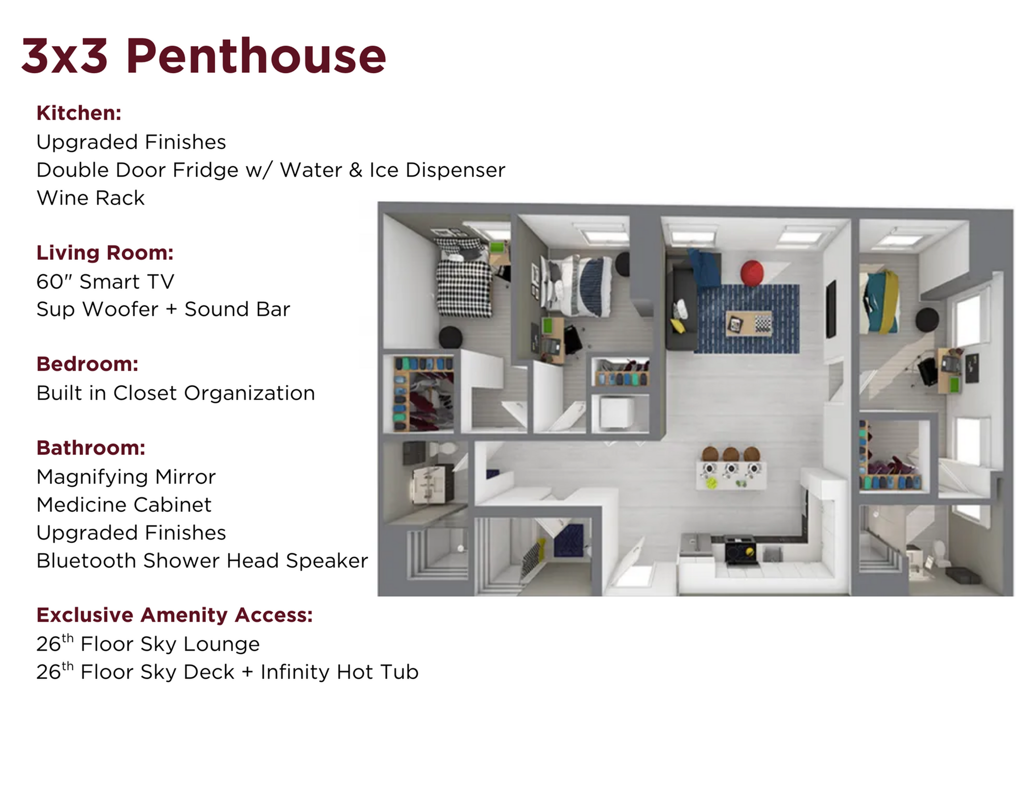 Luxurious 3x3 Penthouse floor plan featuring upgraded kitchen with double door fridge, spacious living room with 60-inch smart TV, and stylish bedrooms with built-in closet organization. Enjoy exclusive access to 26th-floor sky lounge and infinity hot tub.