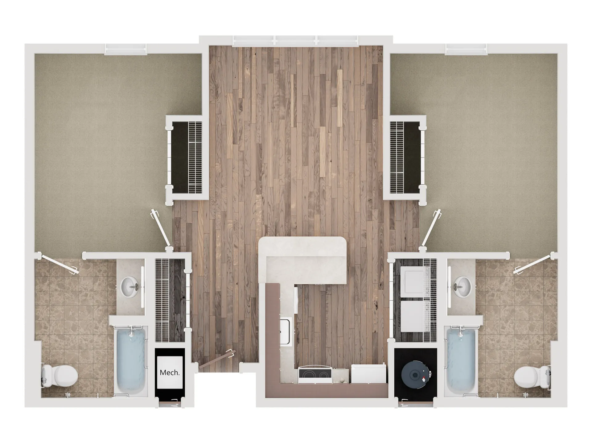 Elegant 2D floor plan showcasing two spacious bedrooms, two modern bathrooms, open-concept living area with stylish flooring, and efficient kitchen layout.