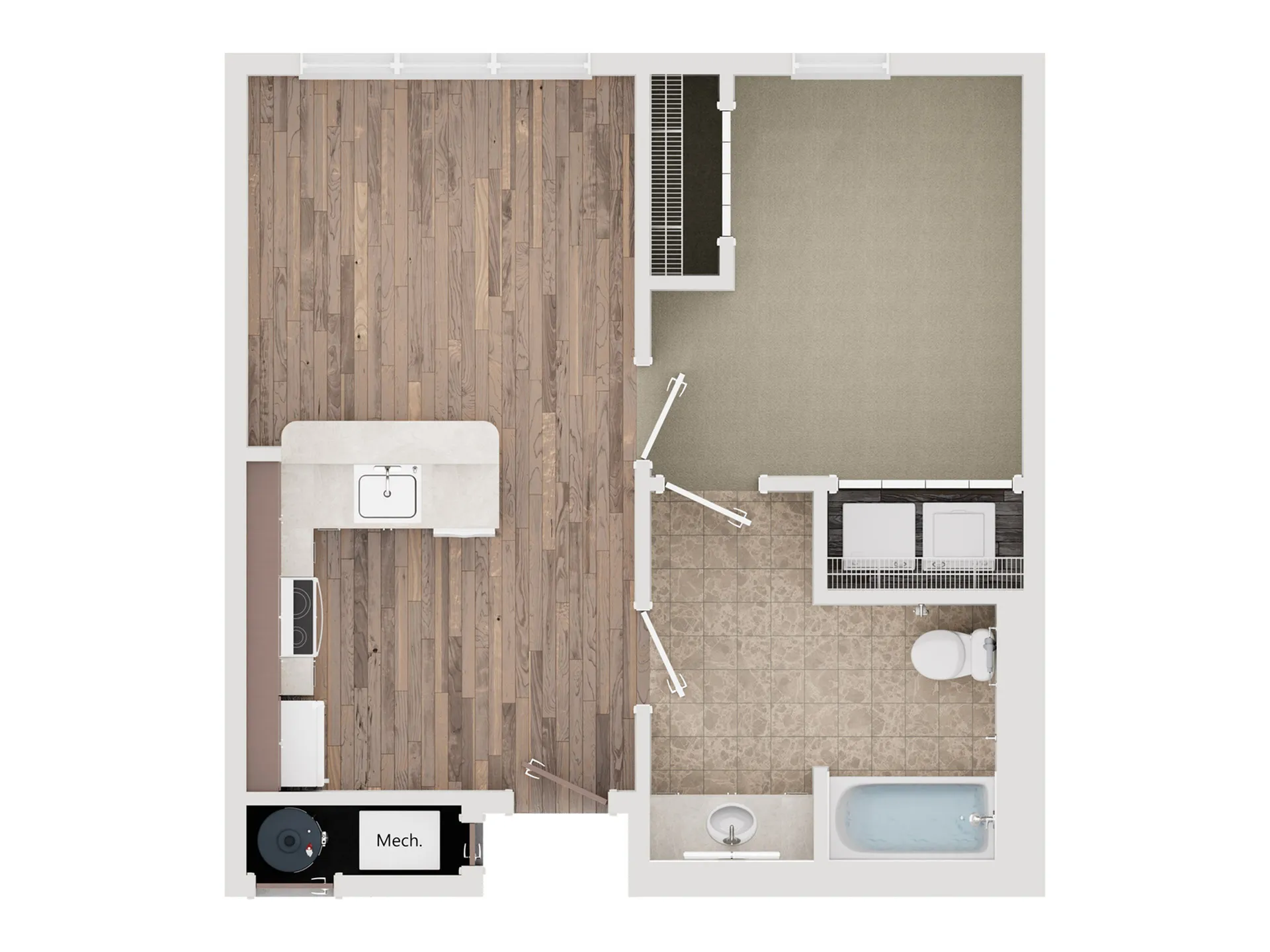Modern studio apartment floor plan with open-concept kitchen, cozy living area, and spacious bathroom.
