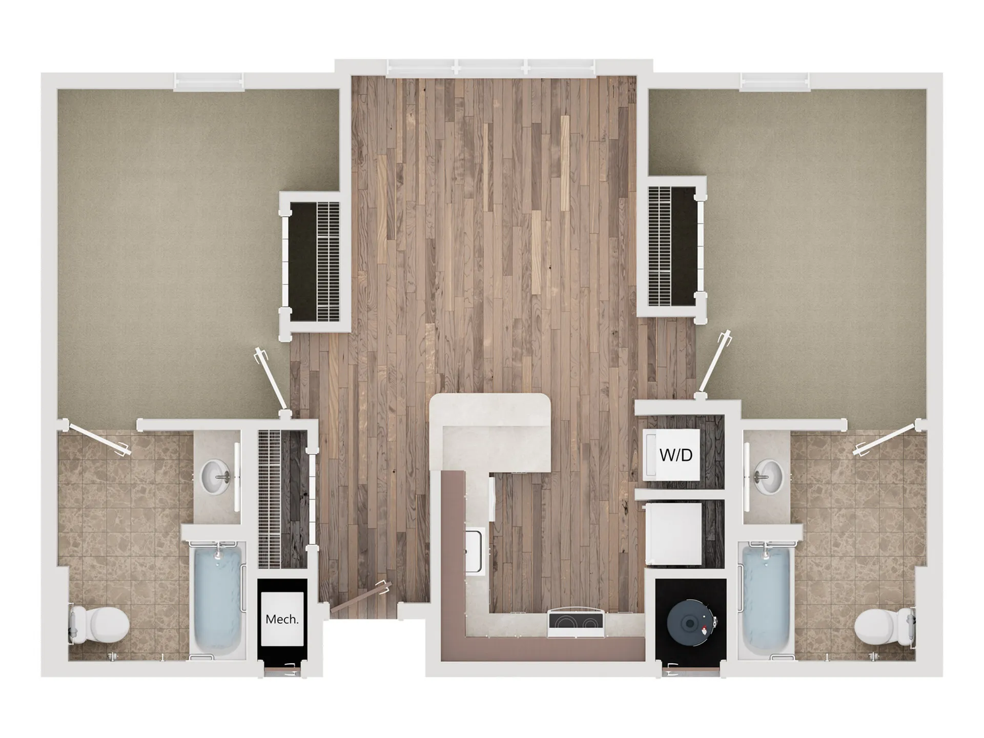 Modern 2D floor plan showcasing 2 spacious bedrooms, 2 sleek bathrooms, an open living area, and a functional kitchen with hardwood floors.