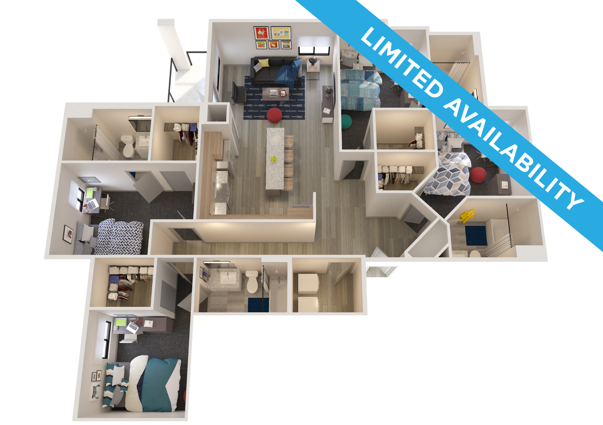 Modern 3D floor plan showcasing three bedrooms, open living space, and sleek kitchen, with limited availability highlighted.