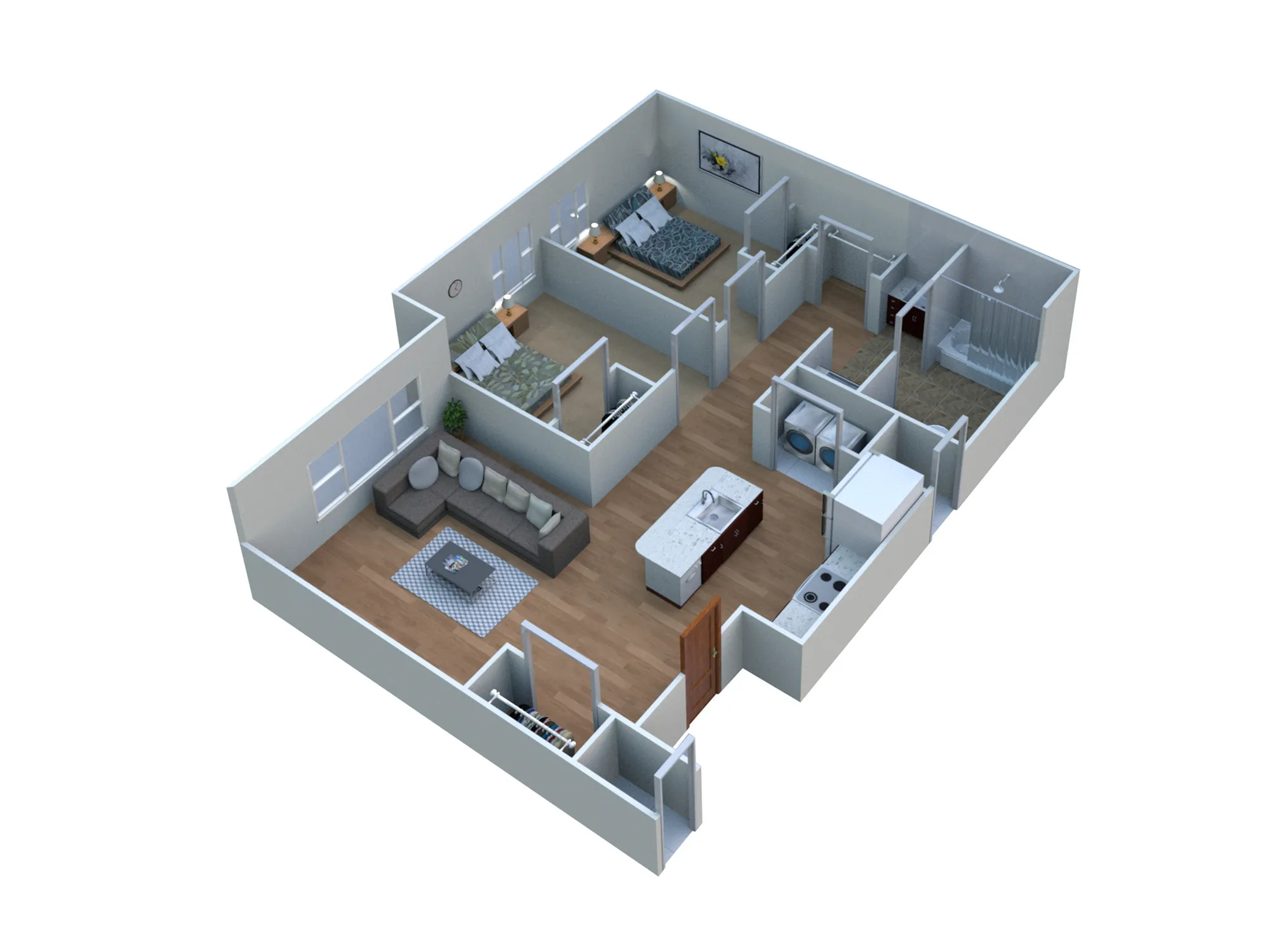 Modern 3D floor plan showcasing a spacious two-bedroom apartment with an open-concept living room, stylish kitchen, and two luxurious bathrooms.