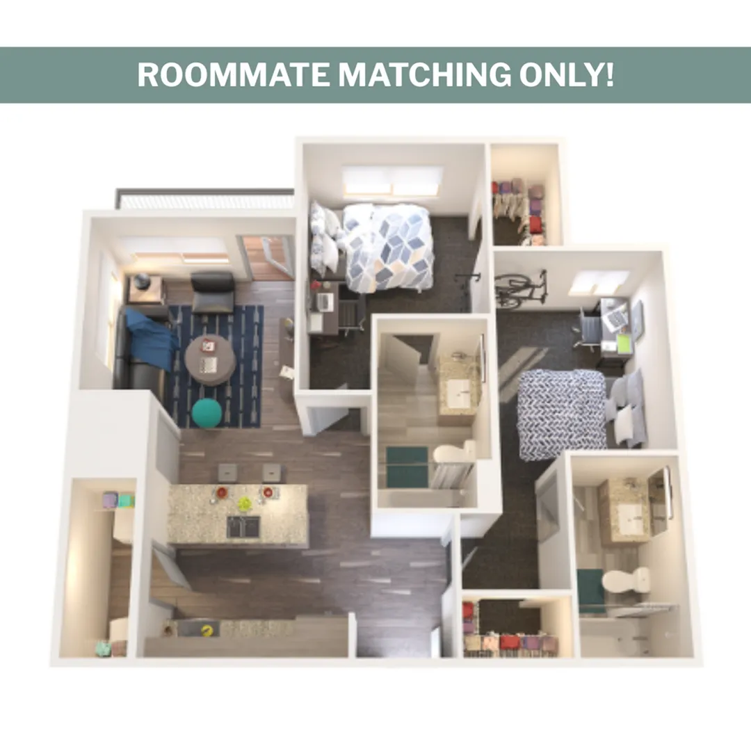 Modern 3D floor plan featuring 2 bedrooms, living area, kitchen with island, and 2 bathrooms, perfect for roommate matching.