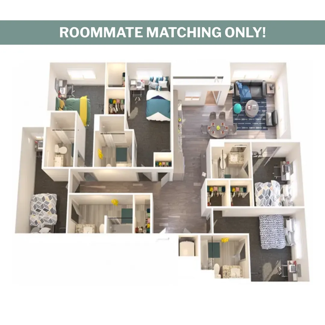 Modern 3D floor plan for roommate matching featuring four spacious bedrooms, a stylish open-concept living area, and contemporary furnishings.