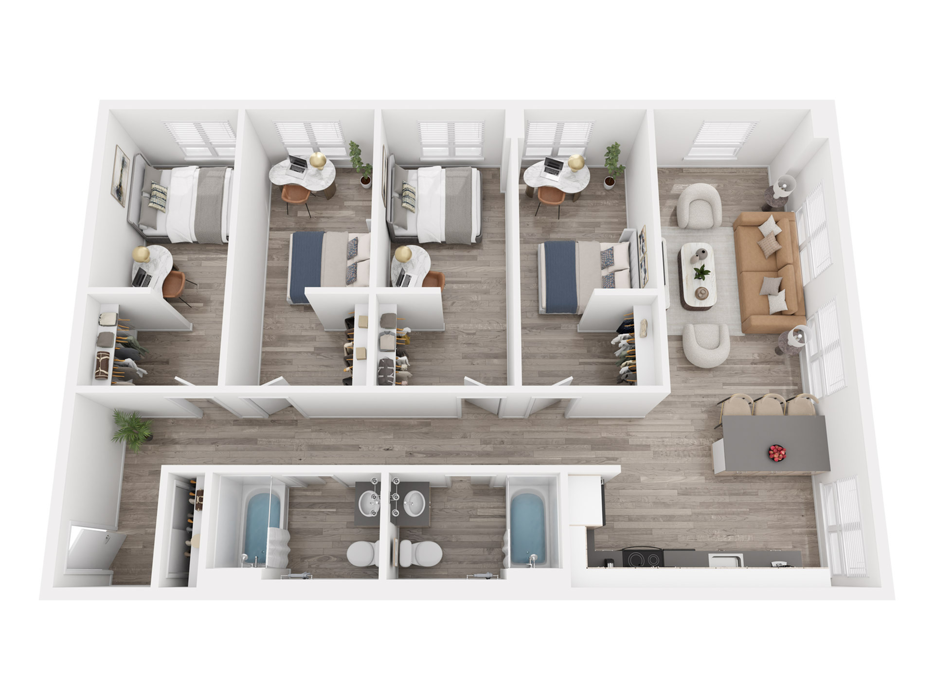 Modern 3D floor plan showcasing 3 cozy bedrooms, a stylish open-concept living room, and a sleek kitchen with an inviting dining area.