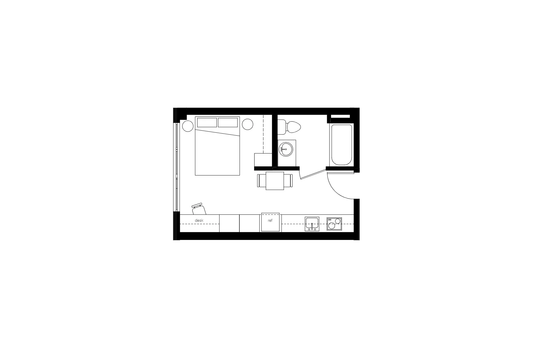 Compact studio apartment floor plan featuring a cozy sleeping area, efficient kitchenette, and modern bathroom layout.