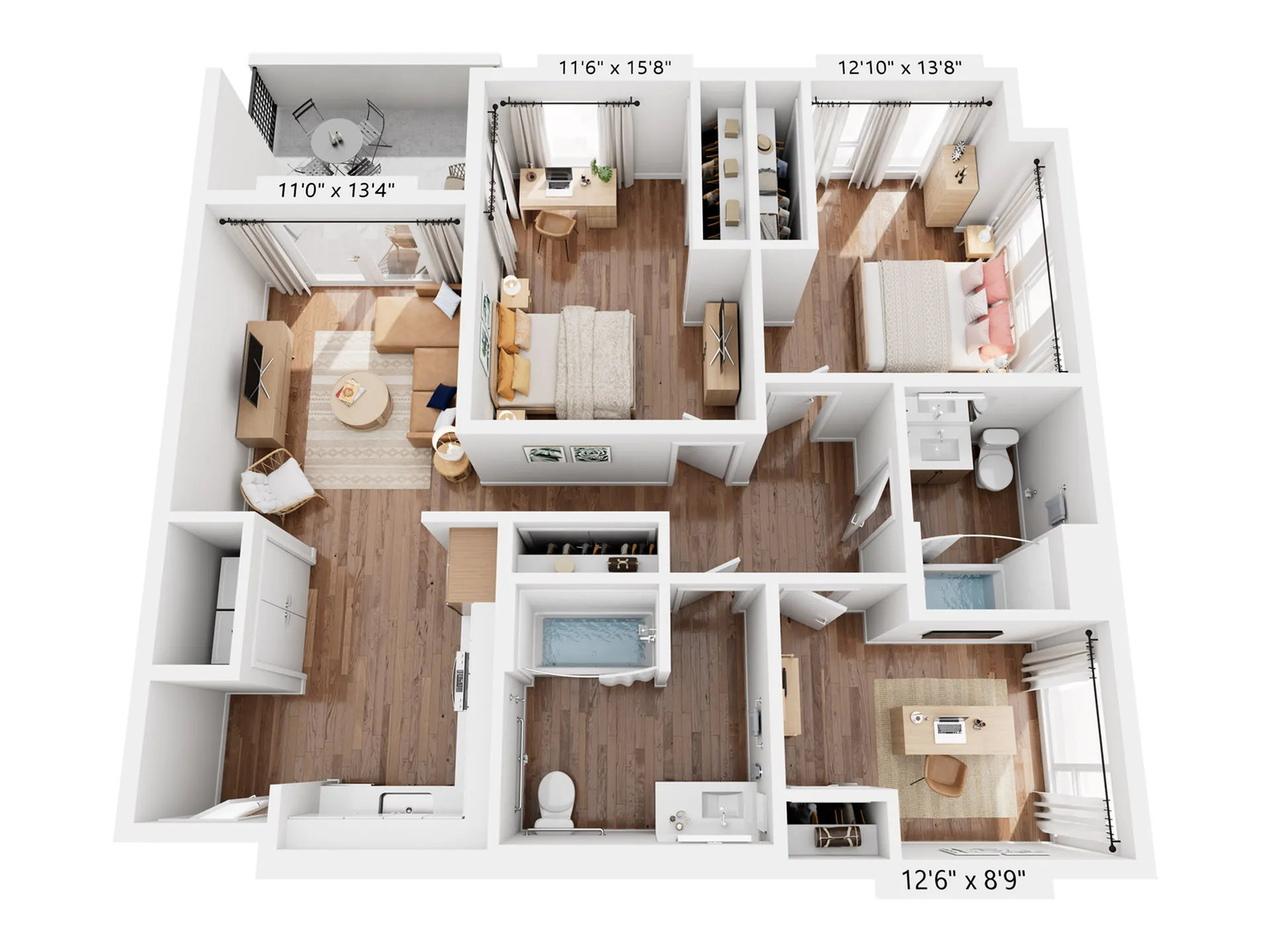 Modern 2-bedroom apartment floor plan showcasing spacious layout, open living area, and elegant kitchen.