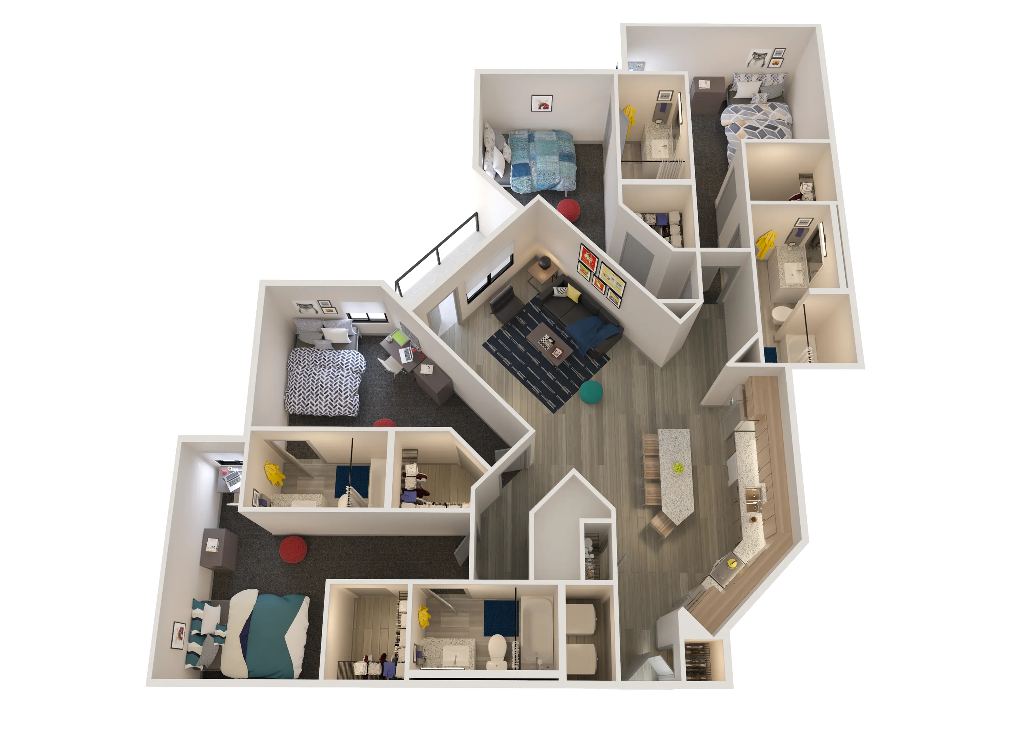 Elegant 3D floor plan showcasing three spacious bedrooms, a cozy living area, and a modern kitchen with hardwood floors.