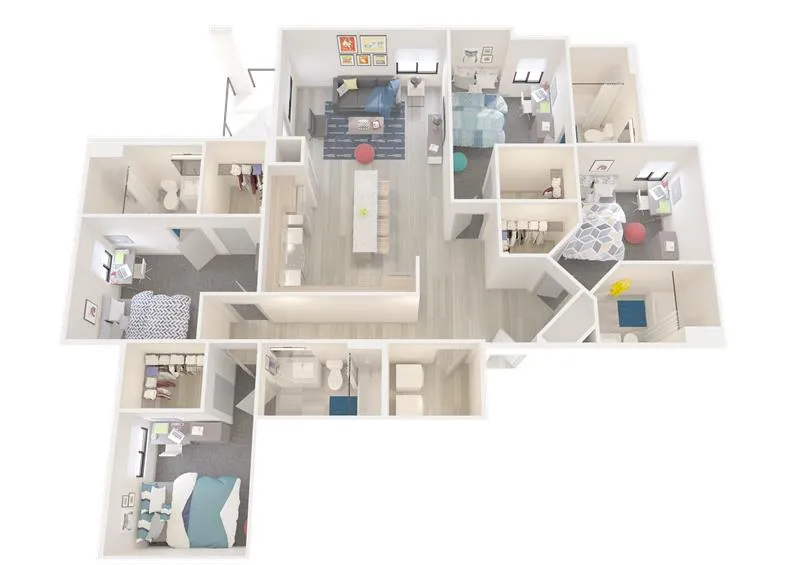 Charming 3D floor plan showcasing four bedrooms, modern kitchen, and spacious open-plan living and dining area.