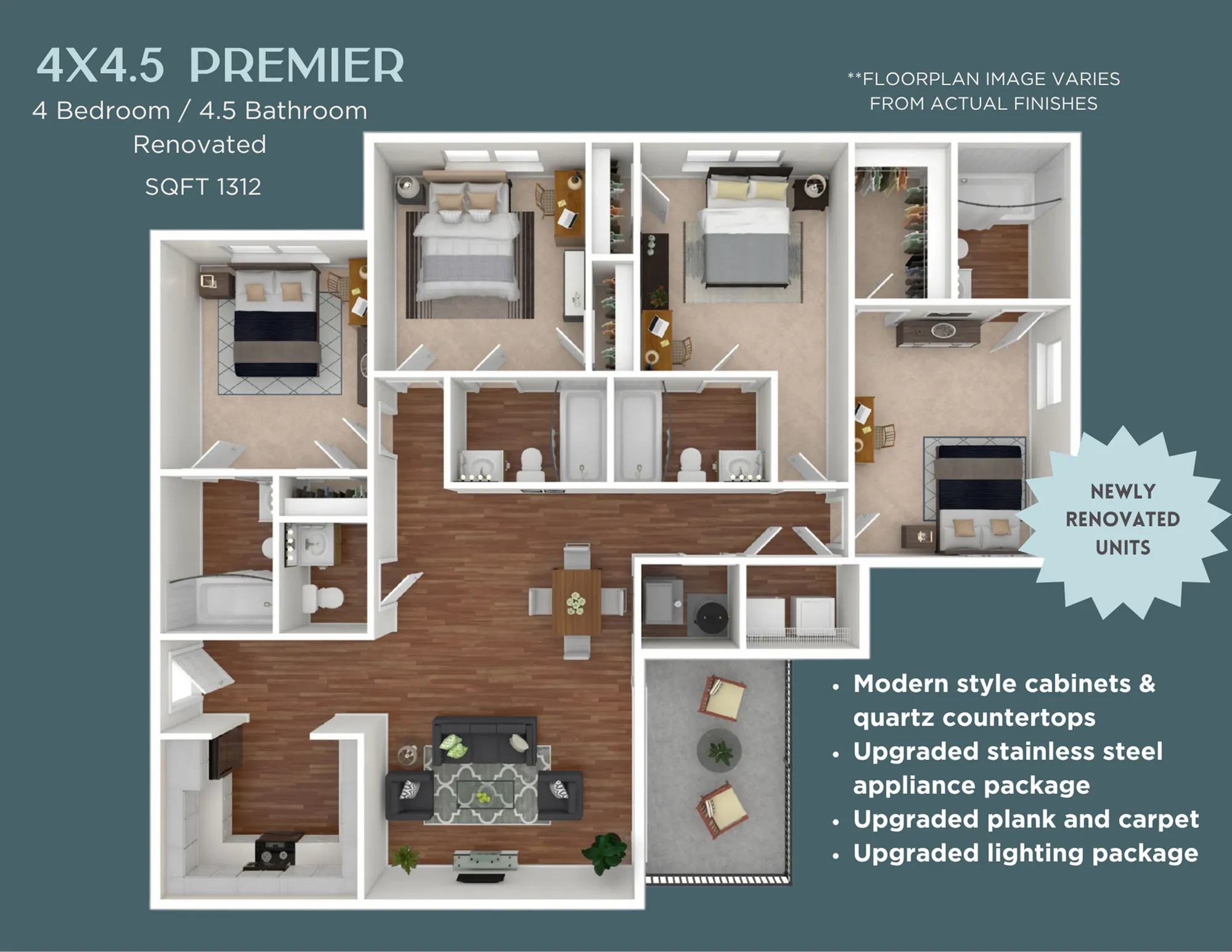 Spacious 4-bedroom, 4.5-bathroom Premier floor plan with 1312 sq ft, featuring modern upgrades like quartz countertops, stainless steel appliances, and enhanced lighting. Newly renovated with a stylish open-concept living area.